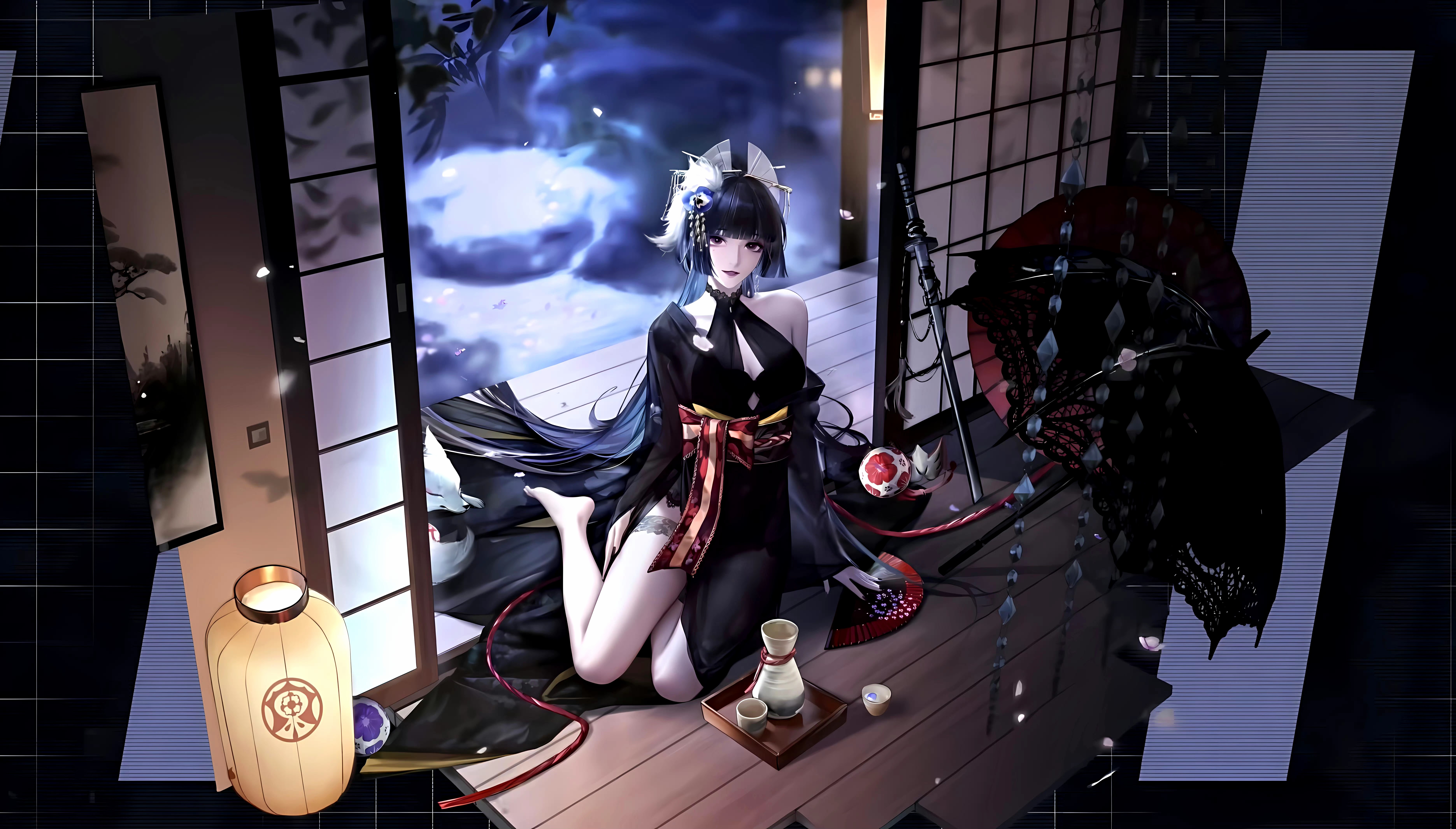 Anime 7484x4260 anime girls anime Sumire (Path to Nowhere) Path to Nowhere sake night petals cup looking at viewer long hair bare shoulders on the floor katana weapon lantern floor