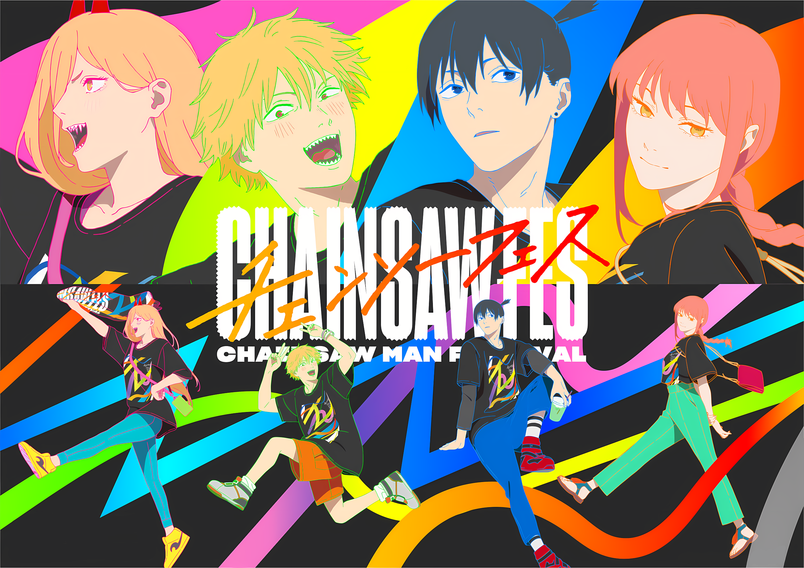 Anime 2600x1838 Chainsaw Man anime girls Denji (Chainsaw Man) Makima (Chainsaw Man) Aki (Chainsaw Man) Power (Chainsaw Man) smiling anime boys open mouth pointy teeth closed mouth colorful long hair short hair hair between eyes title shoe sole drinking straw horns cup purse short sleeves peace sign