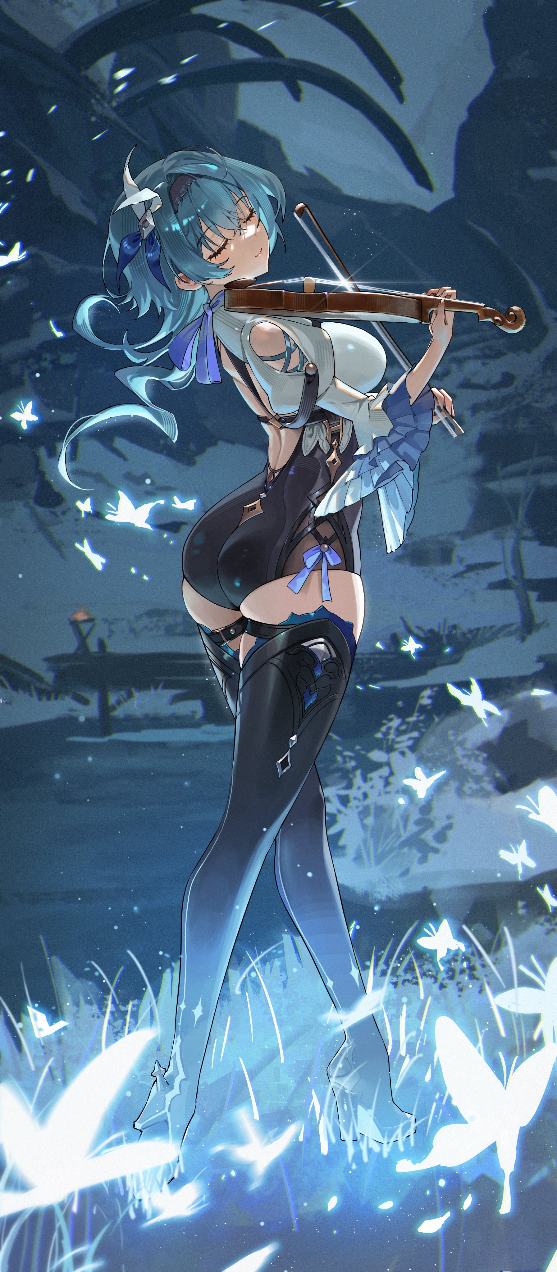 Anime 1793x4096 Genshin Impact butterfly portrait display long hair Eula (Genshin Impact) head tilt long sleeves musical instrument violin closed eyes closed mouth high heeled boots night high waisted shorts music bodysuit high heels walking outdoors ass women outdoors blue hair Sssong aa grass thighs bug anime hair between eyes anime girls standing skinny smiling