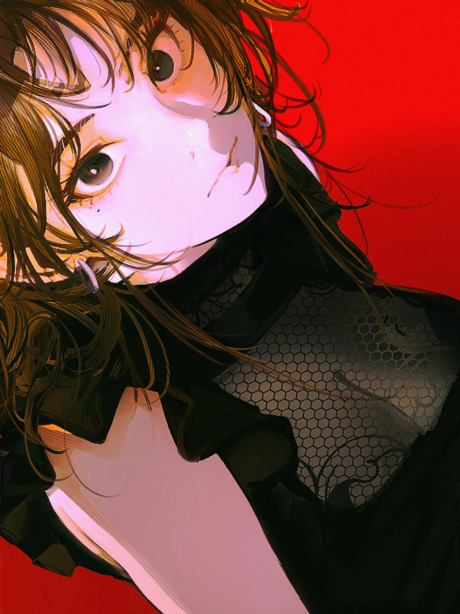 Anime 1536x2048 John Kafka anime anime girls long hair red background dress black dress sleeveless moles mole under eye brunette brown eyes closed mouth cleavage looking at viewer closeup bare shoulders