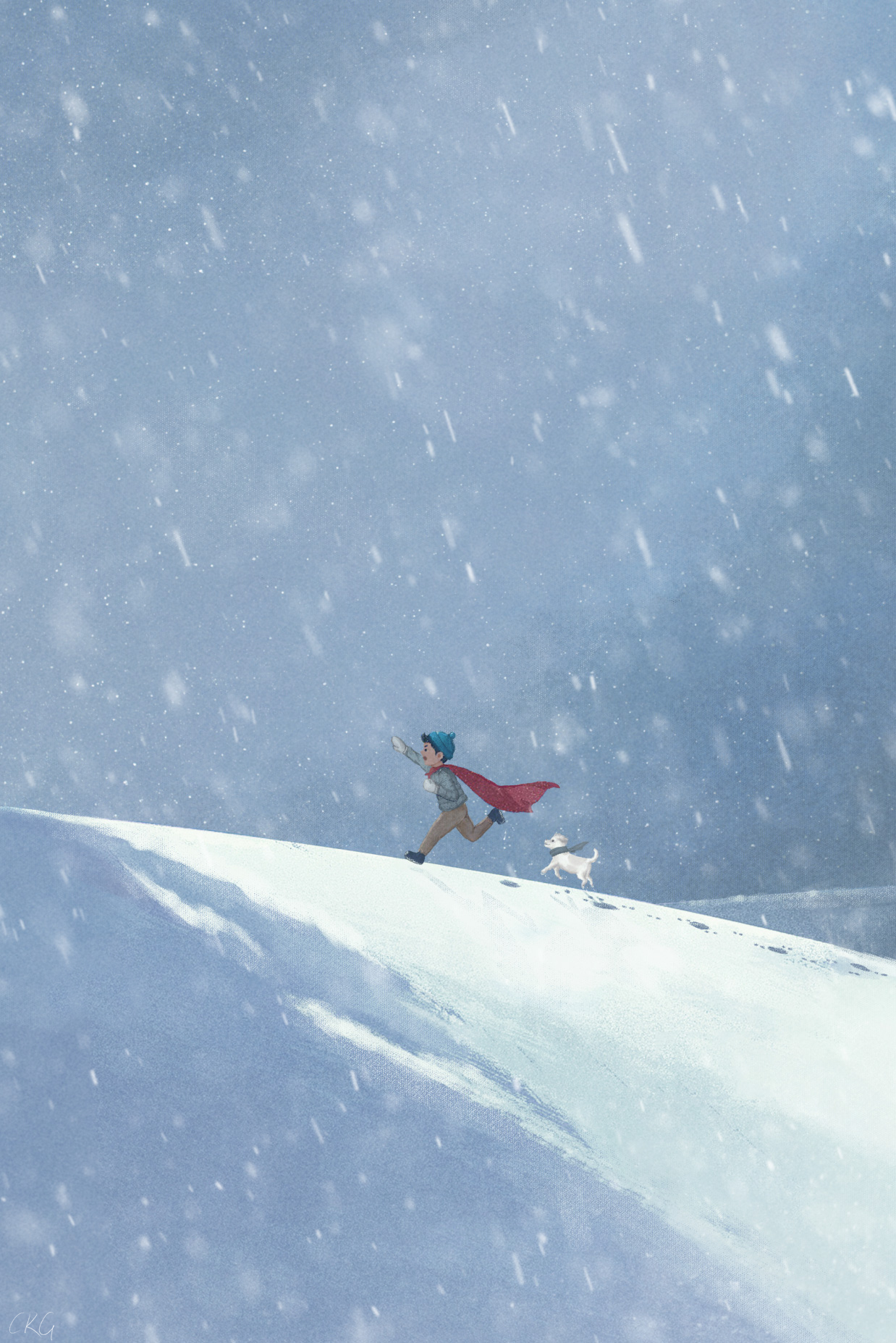 Anime 1238x1854 digital art anime anime boys dog outdoors nature field sky winter snow running