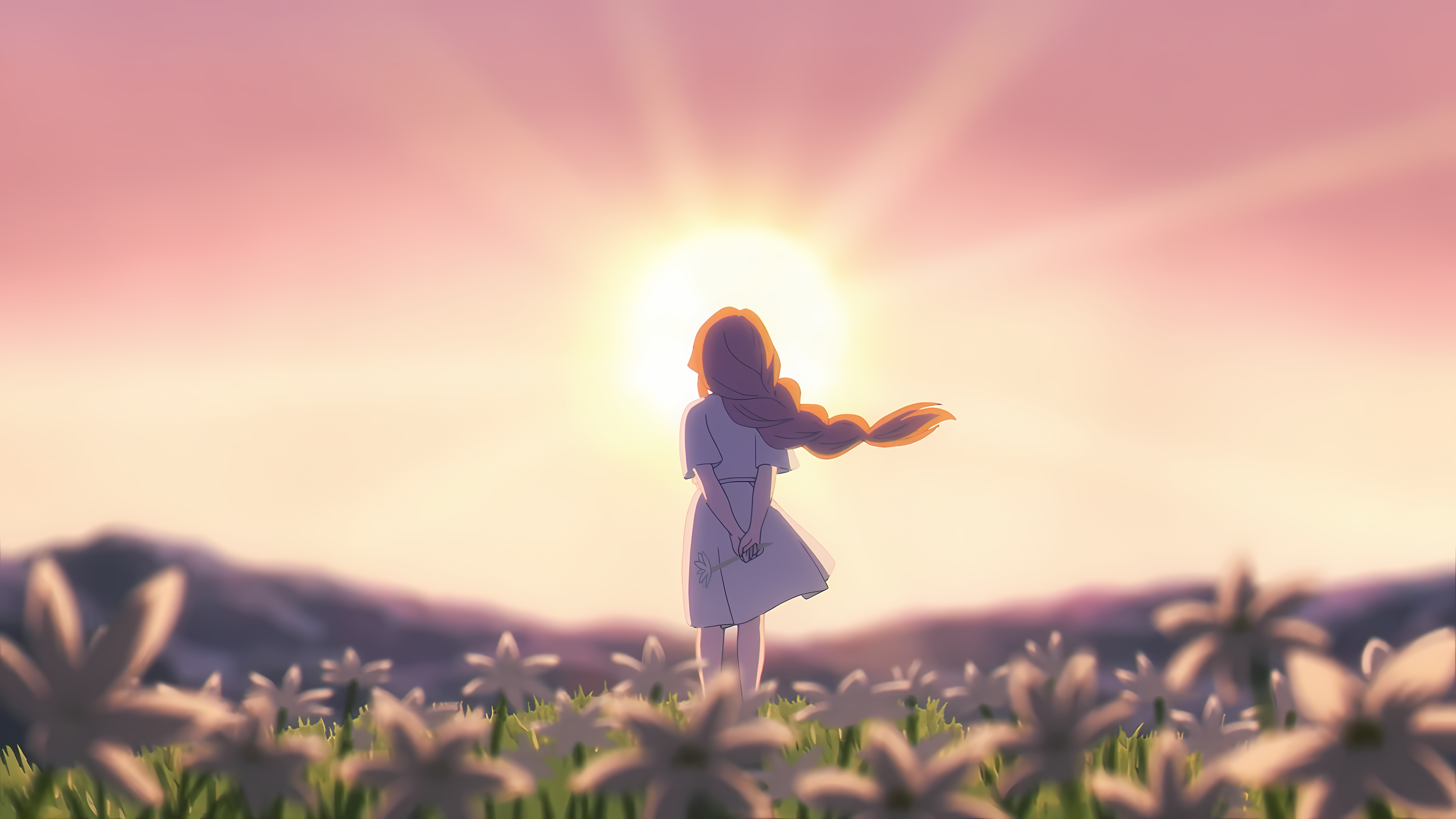 Anime 3840x2160 Sousou No Frieren Flamme (Sousou no Frieren) Sun flowers wind hair blowing in the wind sky depth of field women outdoors sunlight ponytail long hair anime girls short sleeves anime nature