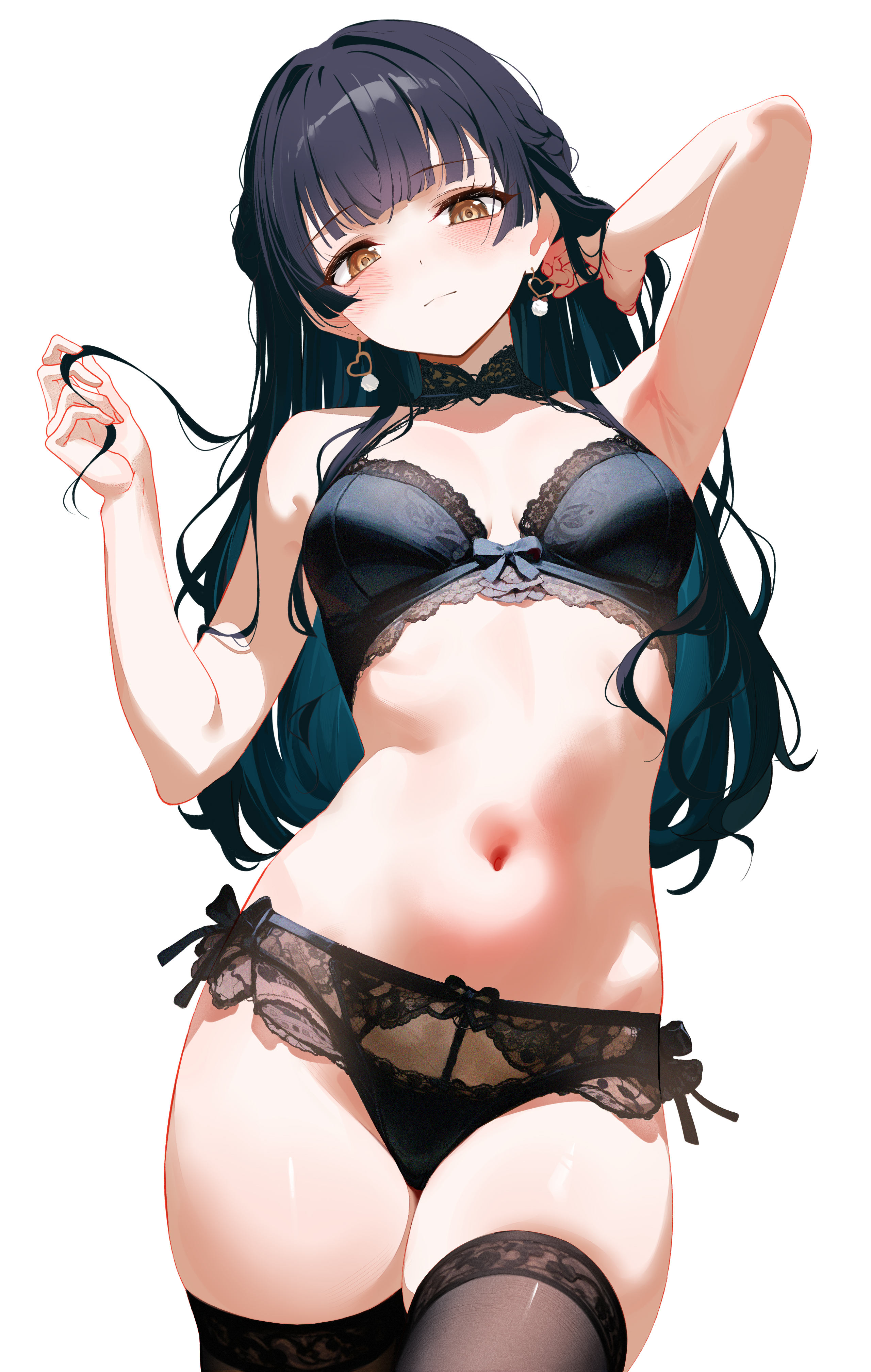Anime 2560x4032 THE iDOLM@STER earring portrait display long hair black hair lace lingerie closed mouth armpits twirling hair head tilt yellow eyes small boobs Mayuzumi Fuyuko thighs black underwear panties black panties underwear stockings black stockings GIn00 white background bra simple background black bras belly button one arm up blushing anime girls standing