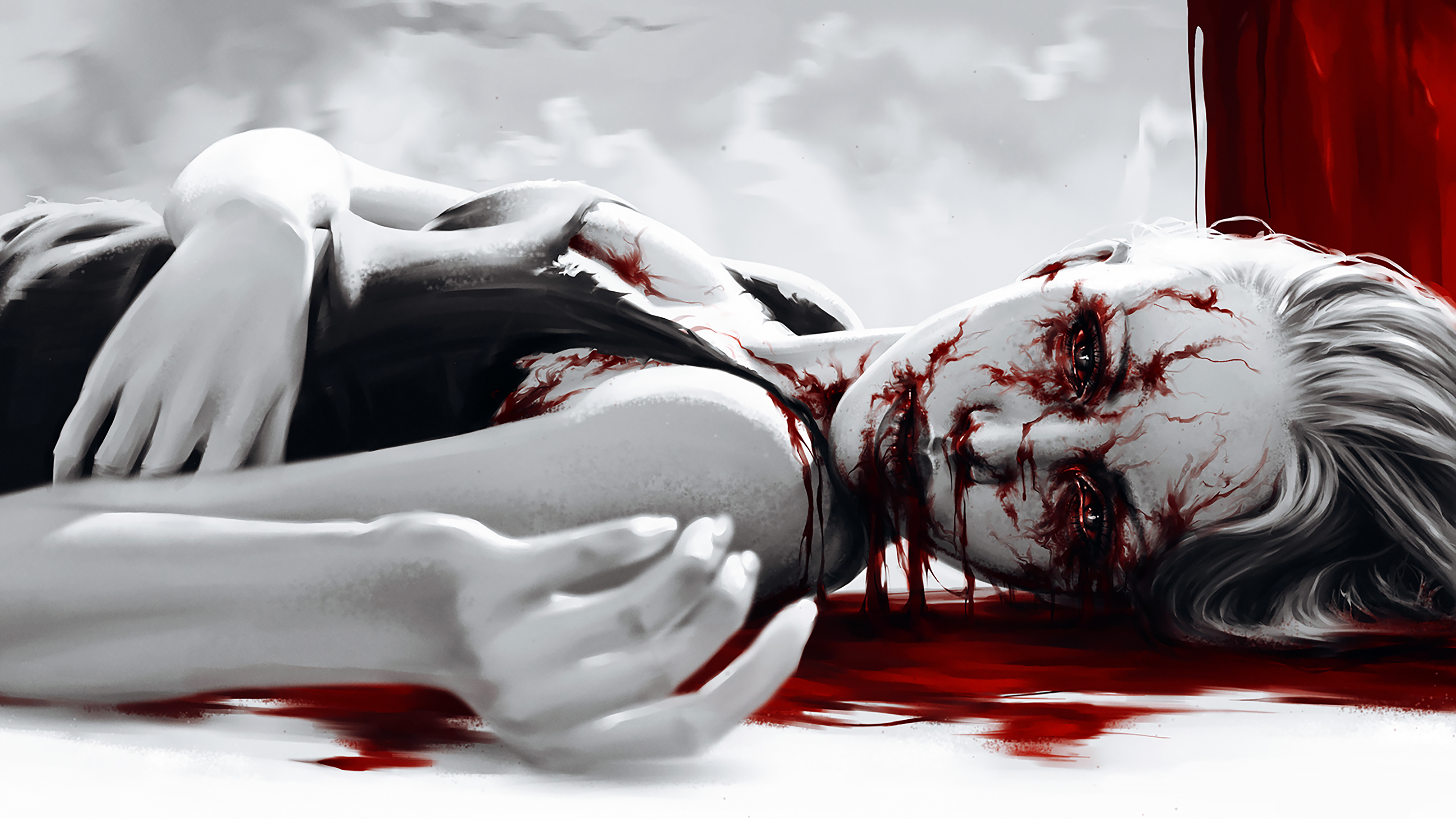 General 3840x2160 infection zombies lying down lying on back blood looking at viewer selective coloring women parted lips digital art scary face horror red eyes corpse pale