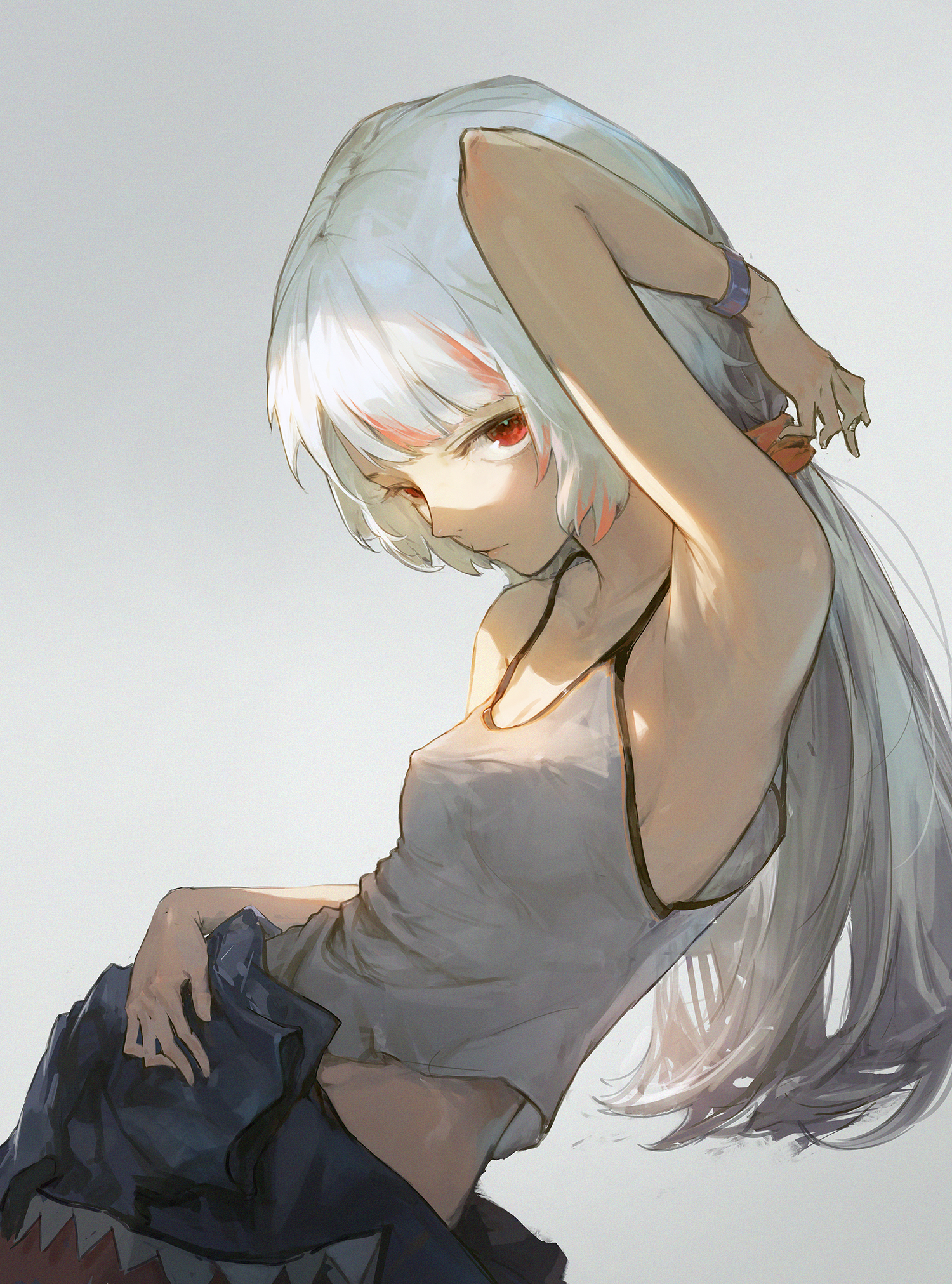 Anime 1500x2023 Dino Art anime anime girls Gawr Gura simple background skinny Hololive looking at viewer one arm up long hair Hololive English red eyes closed mouth bracelets Virtual Youtuber camisole small boobs sleeveless shirt bare shoulders armpits looking sideways gray hair