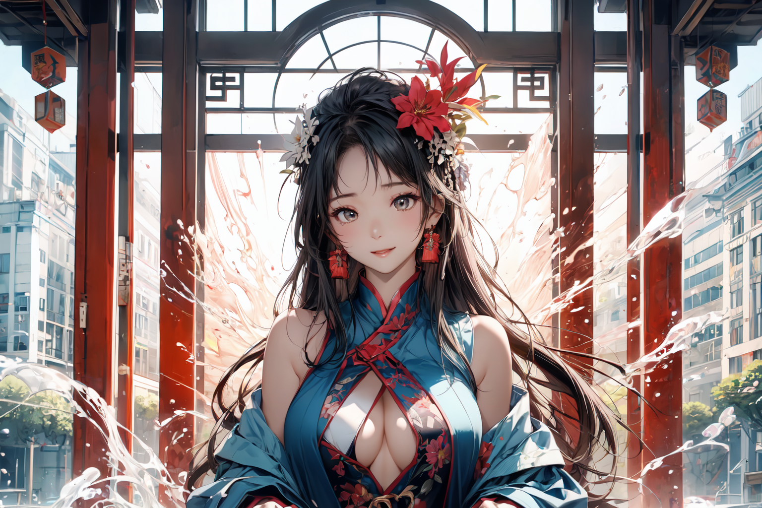 General 1536x1024 AI art women flower in hair big boobs hibiscus cleavage cleavage cutout long hair smiling Chinese dress Asian architecture Asian looking at viewer earring parted lips bare shoulders kimono off shoulder building