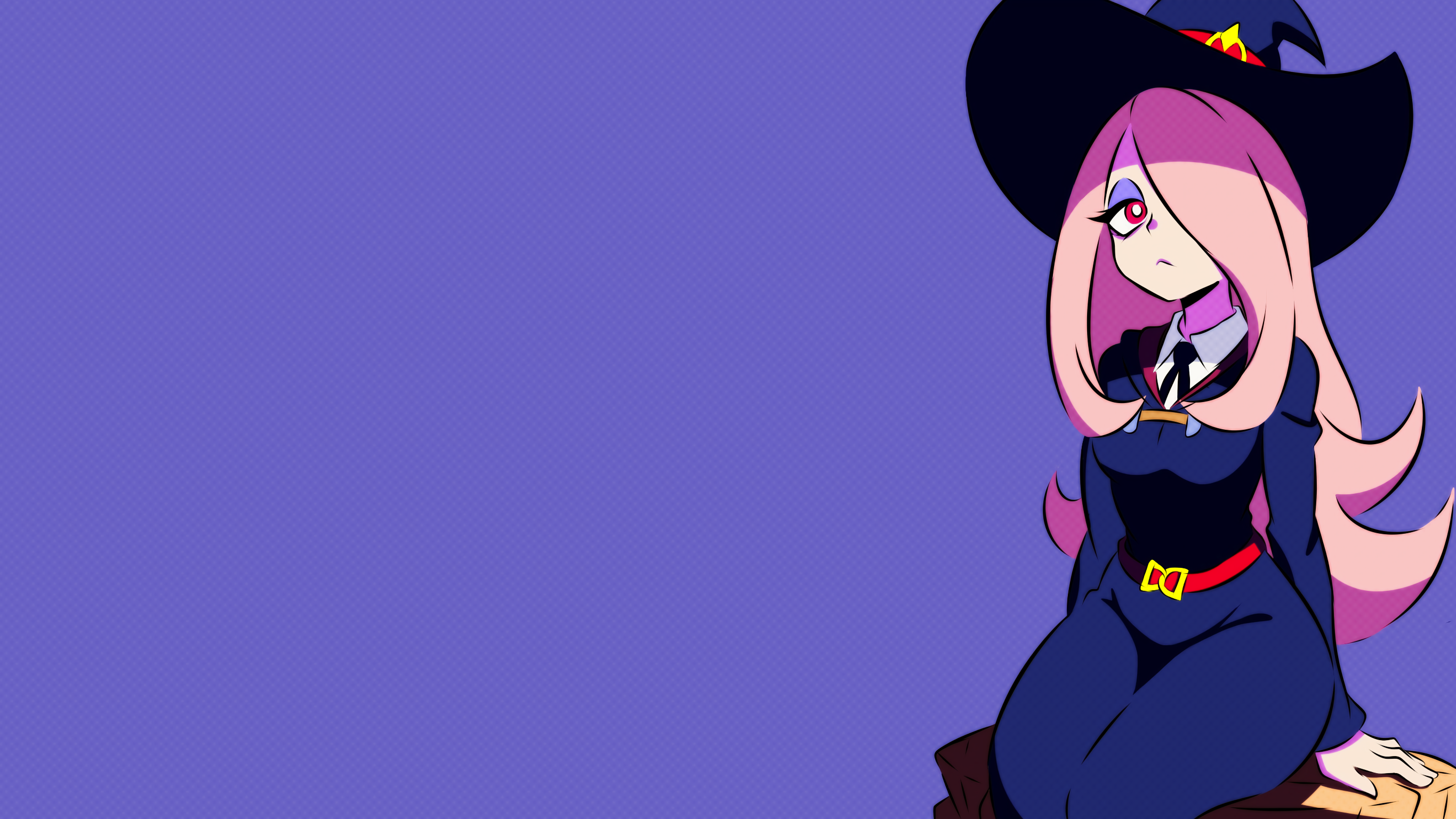 Anime 2731x1536 Sucy Manbavaran Little Witch Academia Luna Nova uniform pink hair witch hat Wide-Brimmed Hat witch ribbon bow tie pale red eyes purple eyeshadow looking at viewer wide hips sitting purple background simple background belt red belt schoolgirl school uniform white shirt collared shirt robes blue robe anime girls long hair large hips bangs hair over one eye