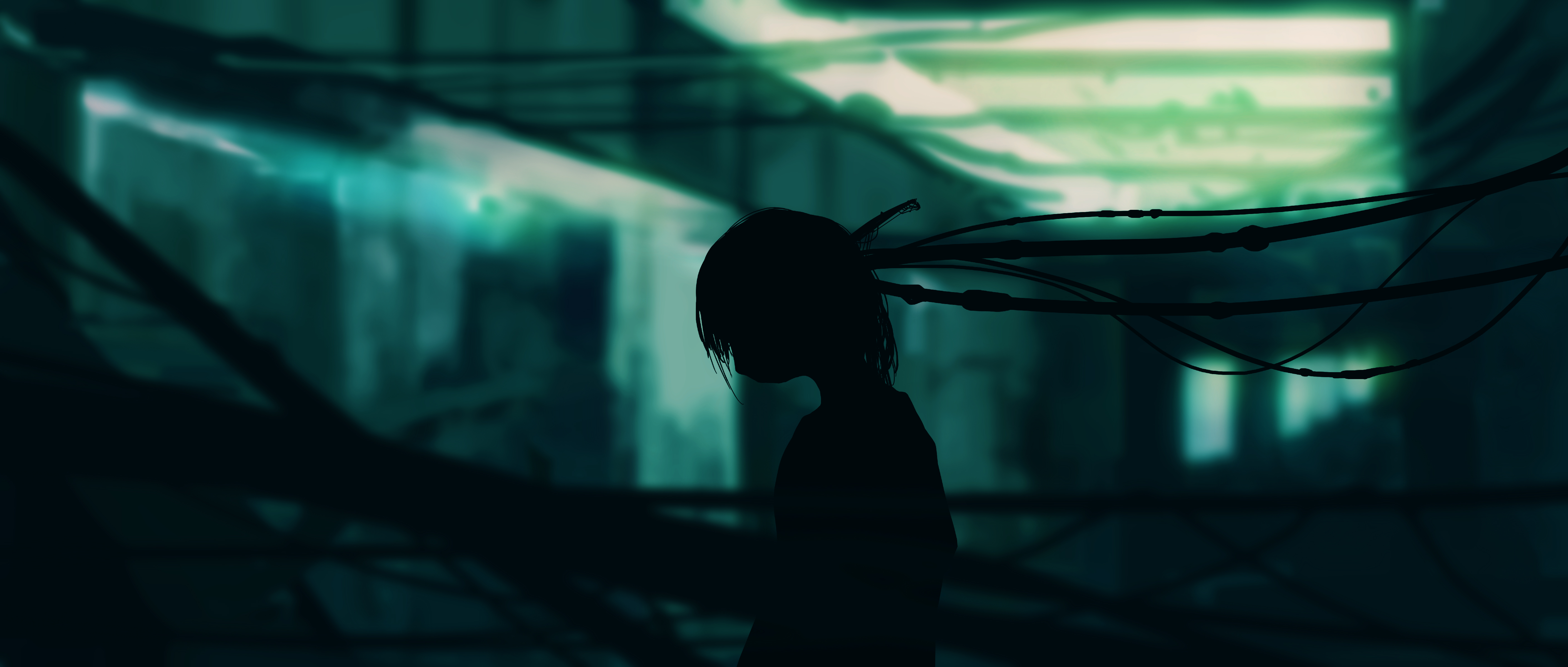 Anime 5640x2400 Gracile Pixiv digital art artwork silhouette anime girls blurred blurry background short hair standing wires anime lights wide screen