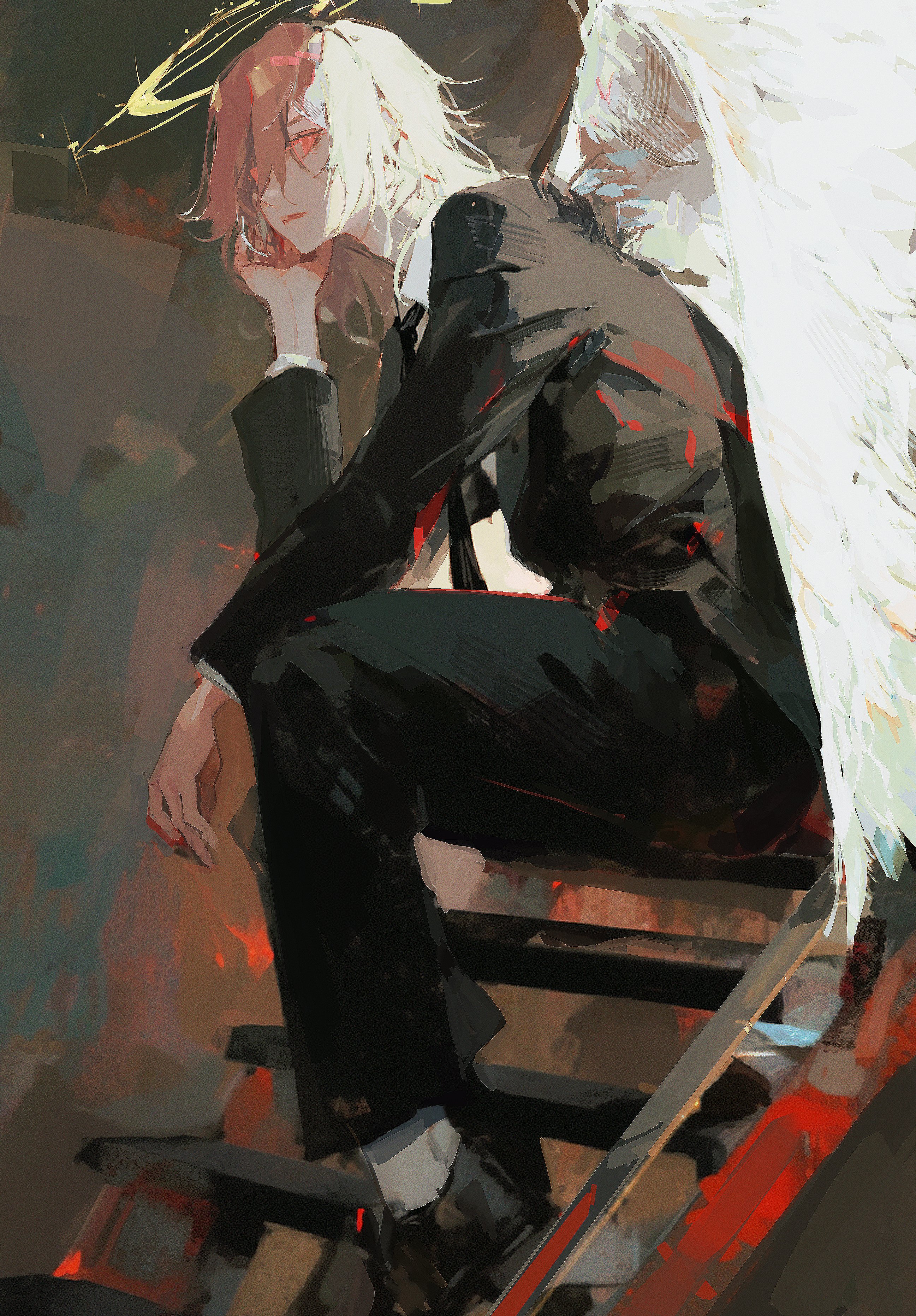 Anime 2594x3725 96yottea Chainsaw Man angel digital art artwork illustration red eyes wings halo looking at viewer anime portrait display Angel Devil resting head long sleeves long hair anime boys sitting suit and tie stairs black clothing