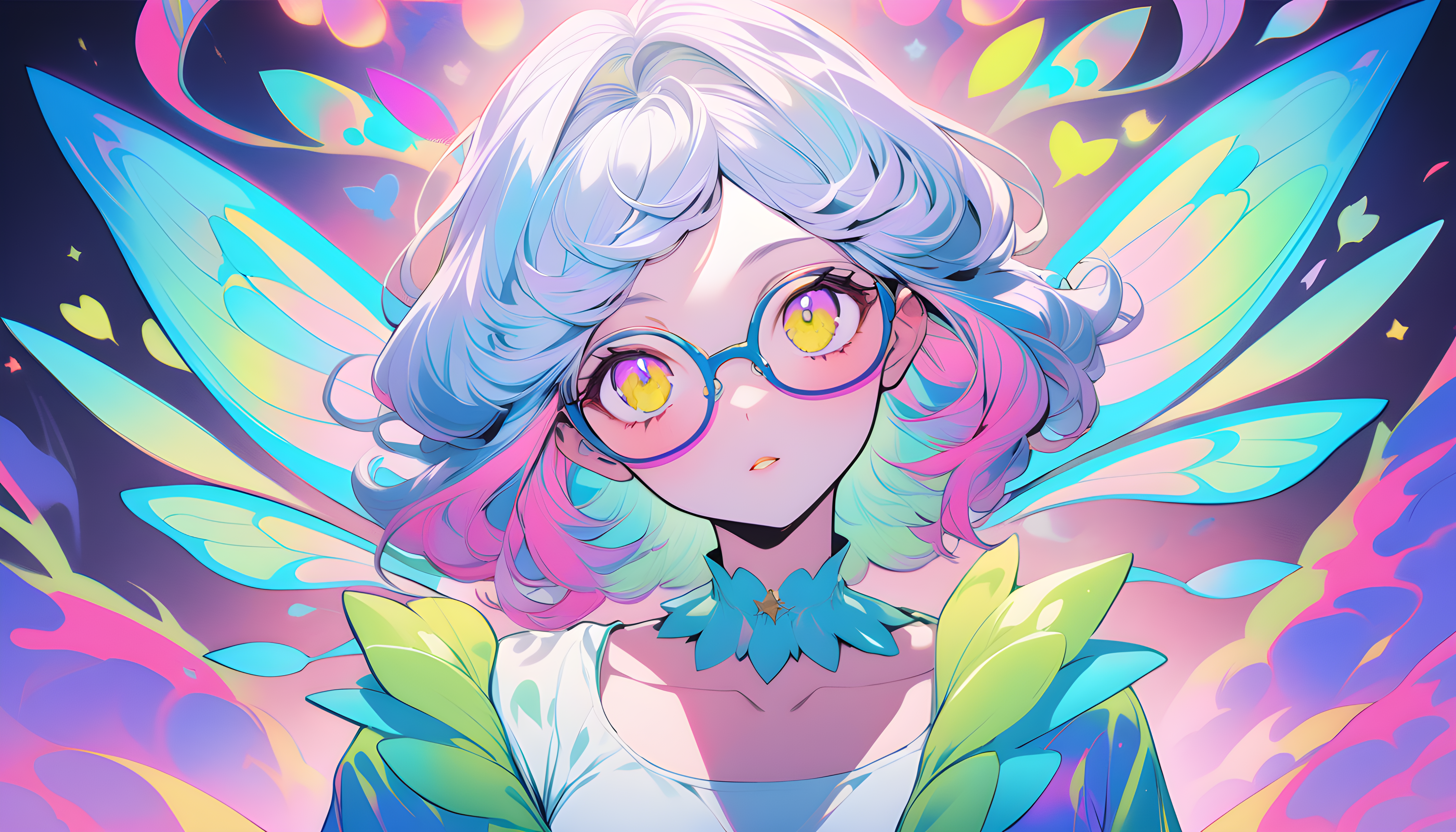 Anime 5376x3072 AI art anime girls glasses looking at viewer women with glasses wings colorful parted lips multi-colored hair face collarbone gradient eyes bright