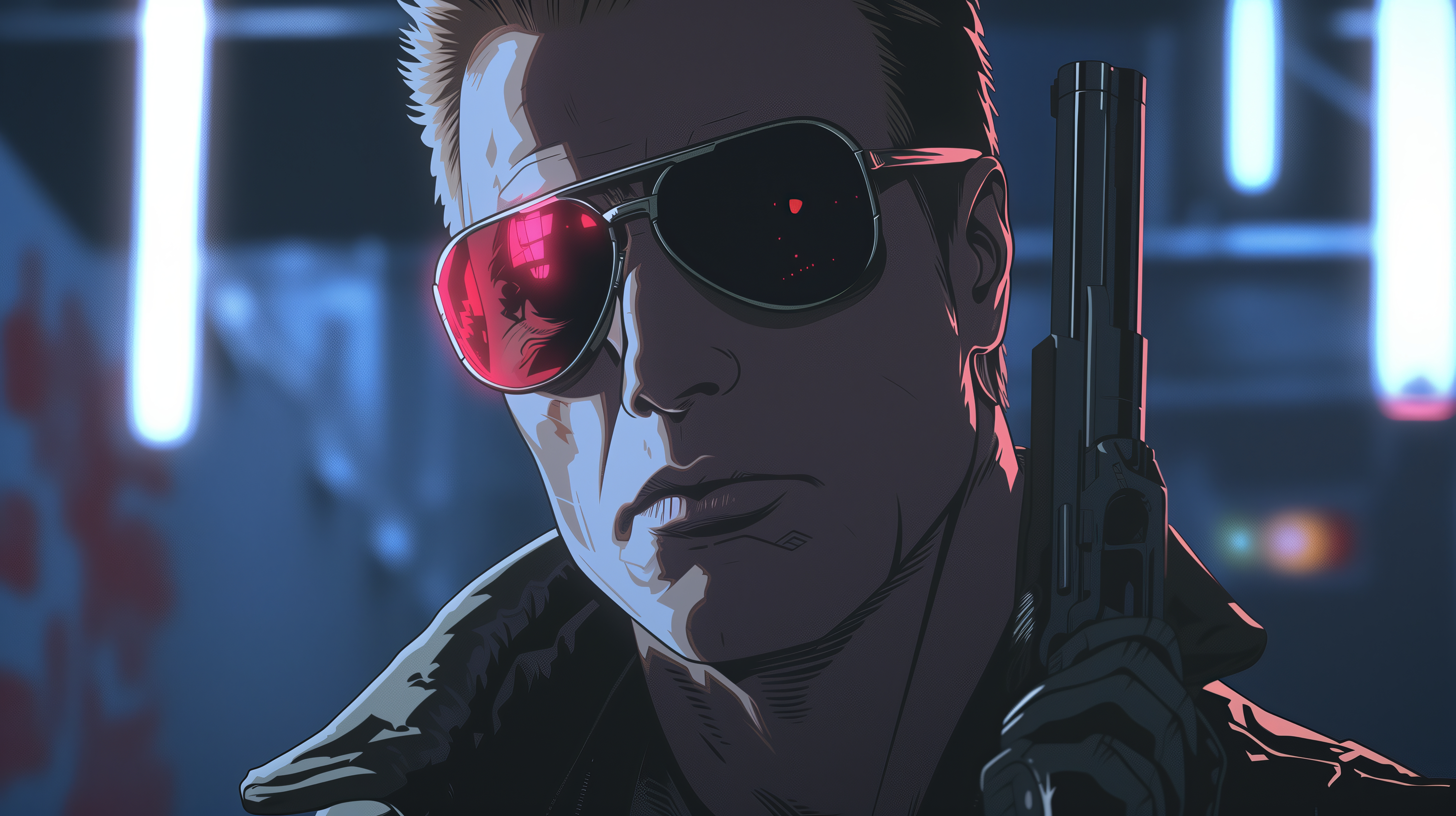 General 5824x3264 AI art cyborg illustration red mist science fiction gun sunglasses Terminator boys with guns men closed mouth closeup face men with shades