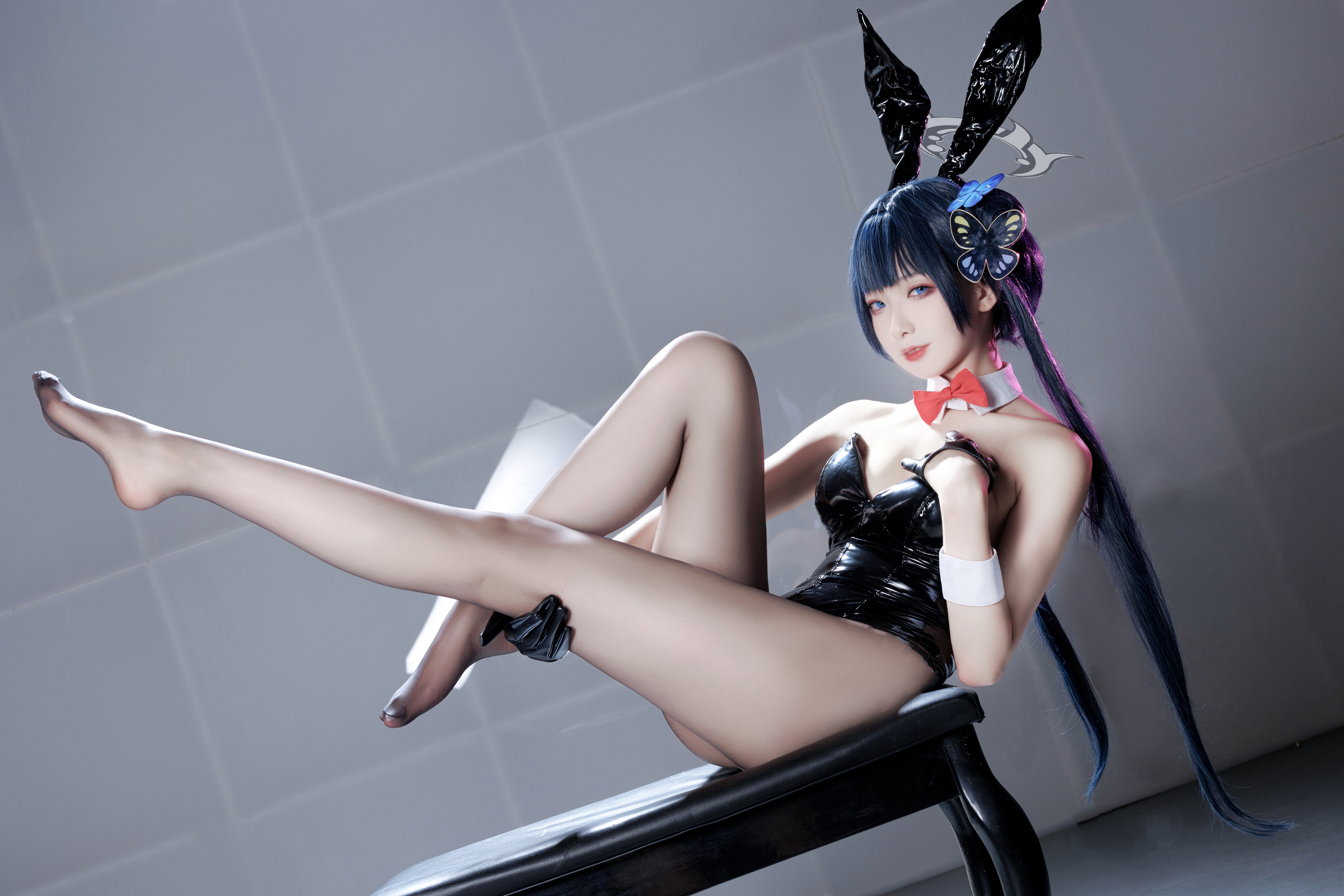 People 5472x3648 Kisaki (Blue Archive) cosplay blue eyes bunny girl women model brunette bunny ears bow tie collar corset cuffs legs pantyhose pointed toes women indoors Kisaki