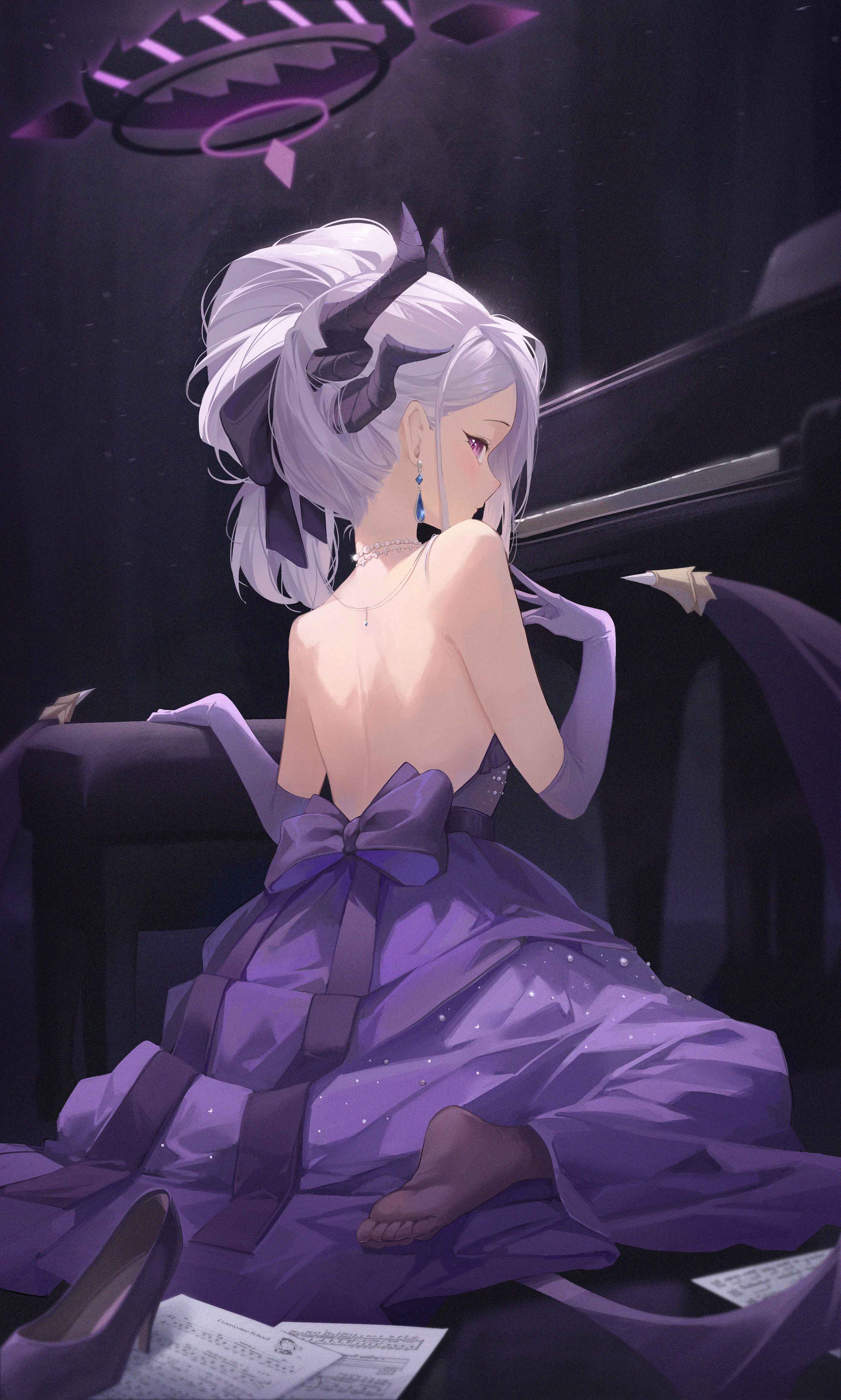 Anime 2787x4642 Sorasaki Hina (Blue Archive) portrait display anime girls anime girl with wings white hair purple eyes long hair demon horns fan art feet toes Blue Archive anime looking over shoulder piano musical instrument Midori_Xu elbow gloves gloves purple gloves dress closed mouth gem earrings earring paper heels seat looking at viewer horns looking back purple