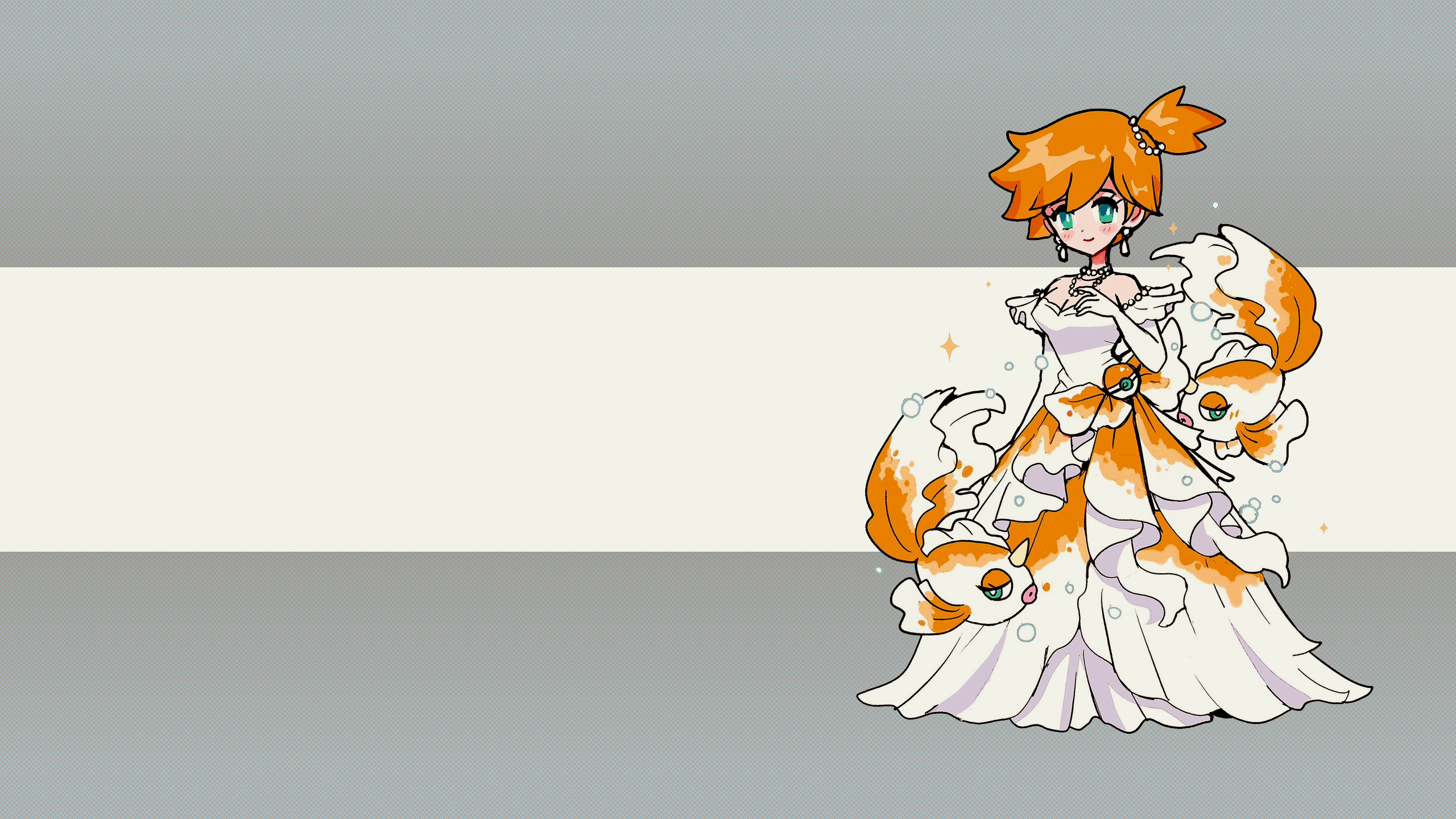 Anime 2560x1440 Pokémon Goldeen white dress dress fish simple background earring bubbles horns Swim Fins redhead Misty (Pokémon) blue eyes green eyes ponytail bangs blunt bangs pearl necklace blushing cleavage Poke Ball swimming anime girls gown