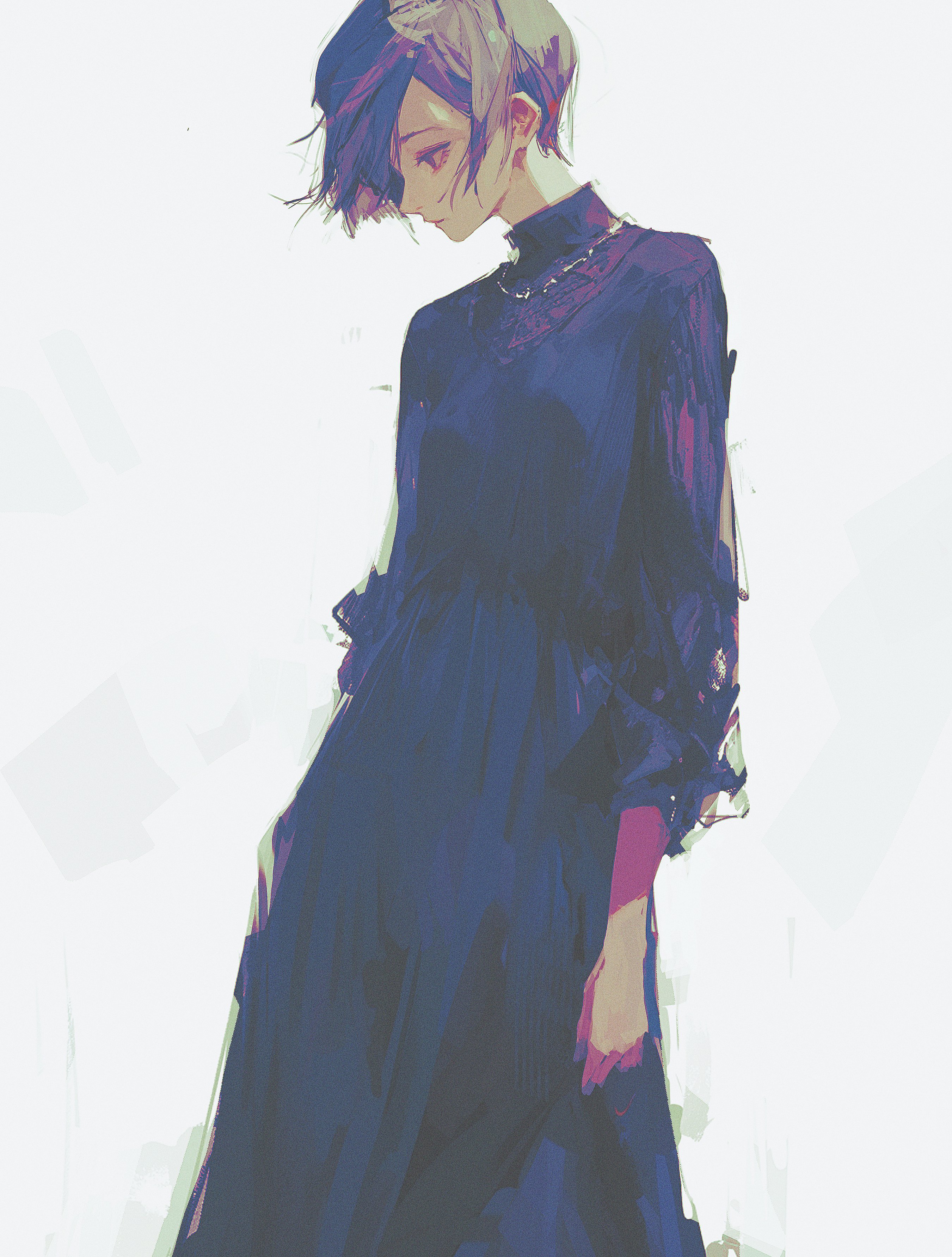 Anime 2701x3566 96yottea anime anime girls portrait display simple background dress white background standing closed mouth jewelry long sleeves painted nails short hair looking below expressionless black dress original characters
