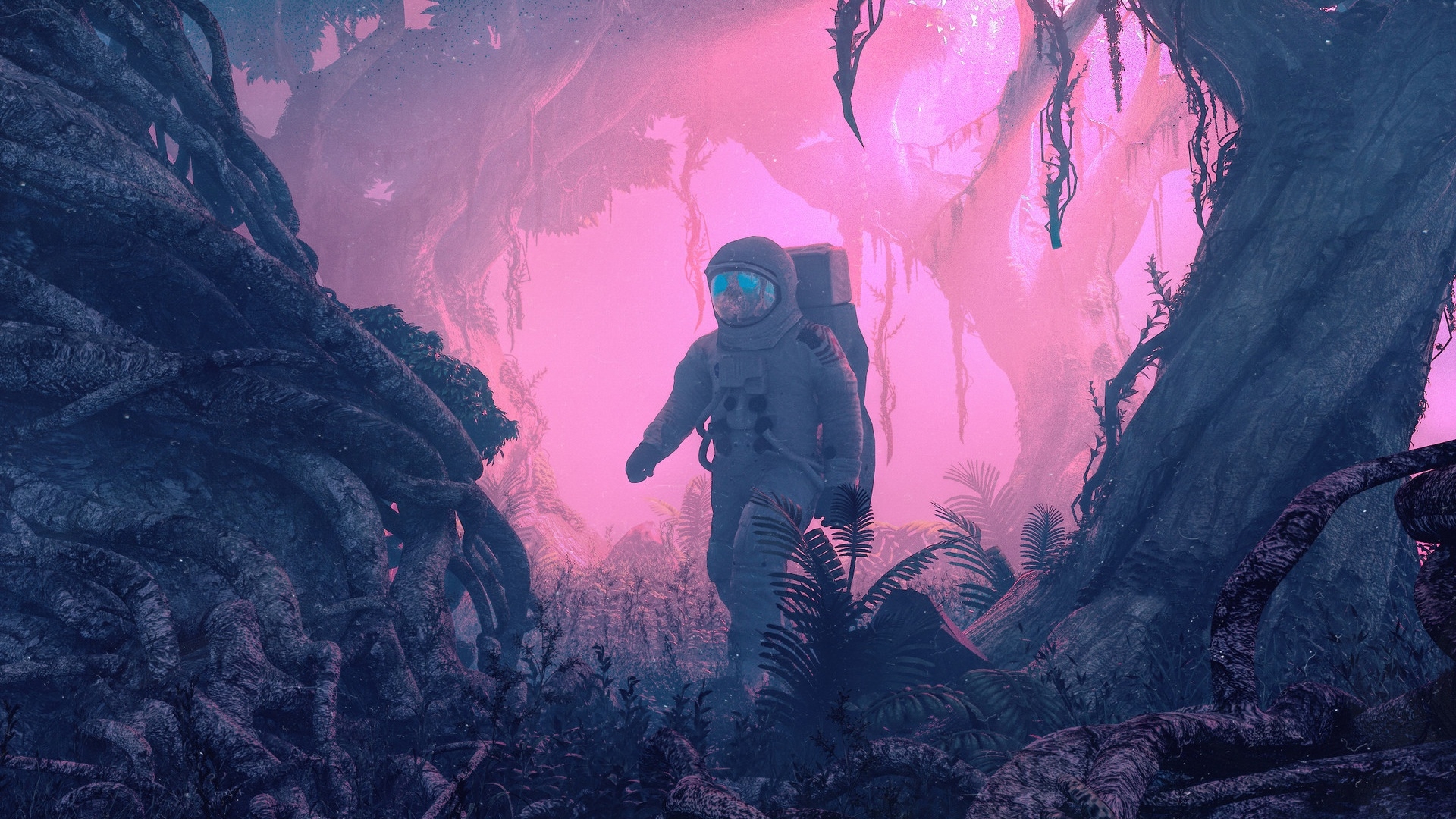 General 1920x1080 astronaut aliens planet forest exploration walking digital art