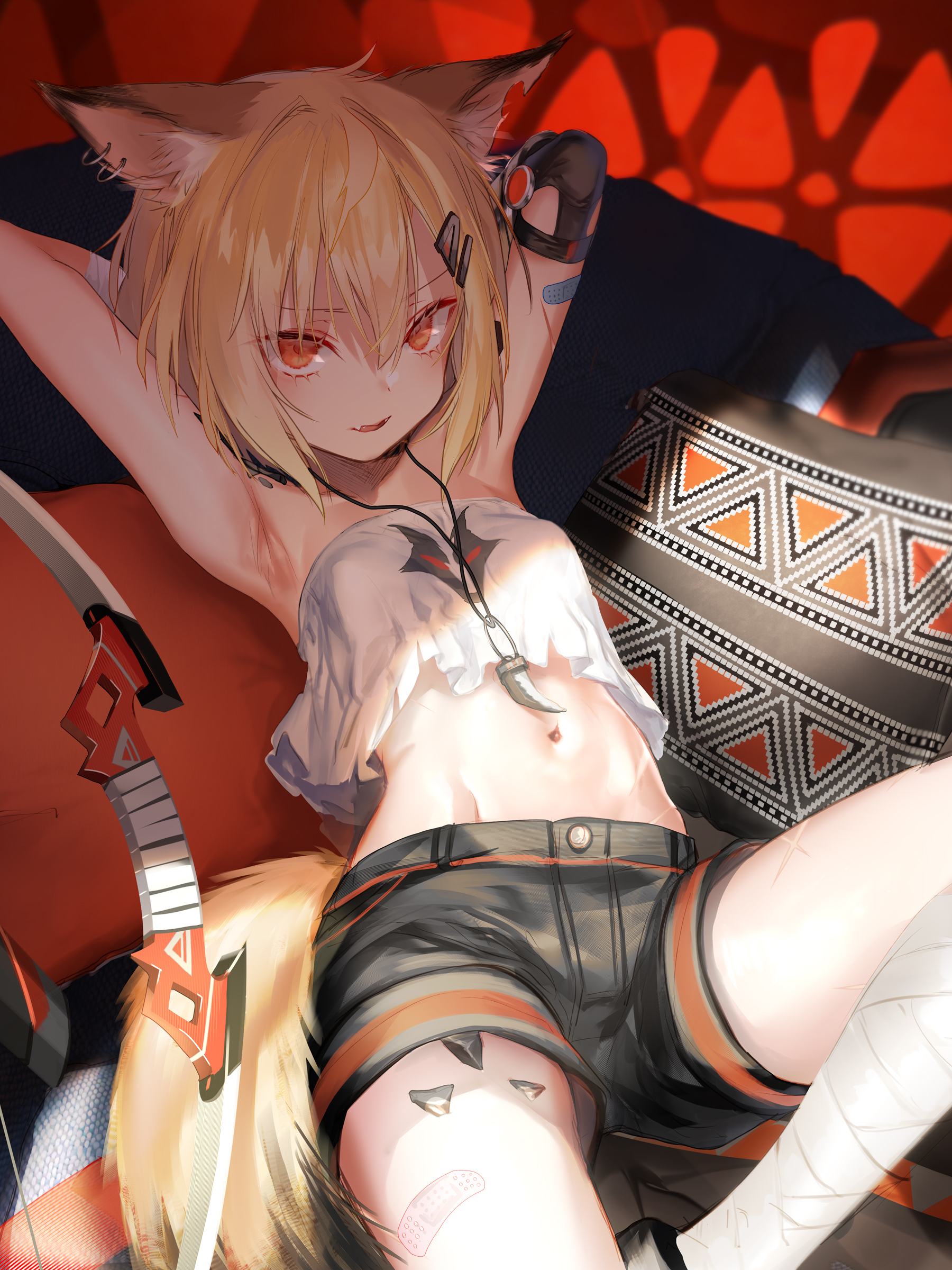 Anime 1800x2400 anime anime girls fox girl fox ears fox tail blonde red eyes belly belly button armpits Arknights Vermeil (Arknights) small boobs loli