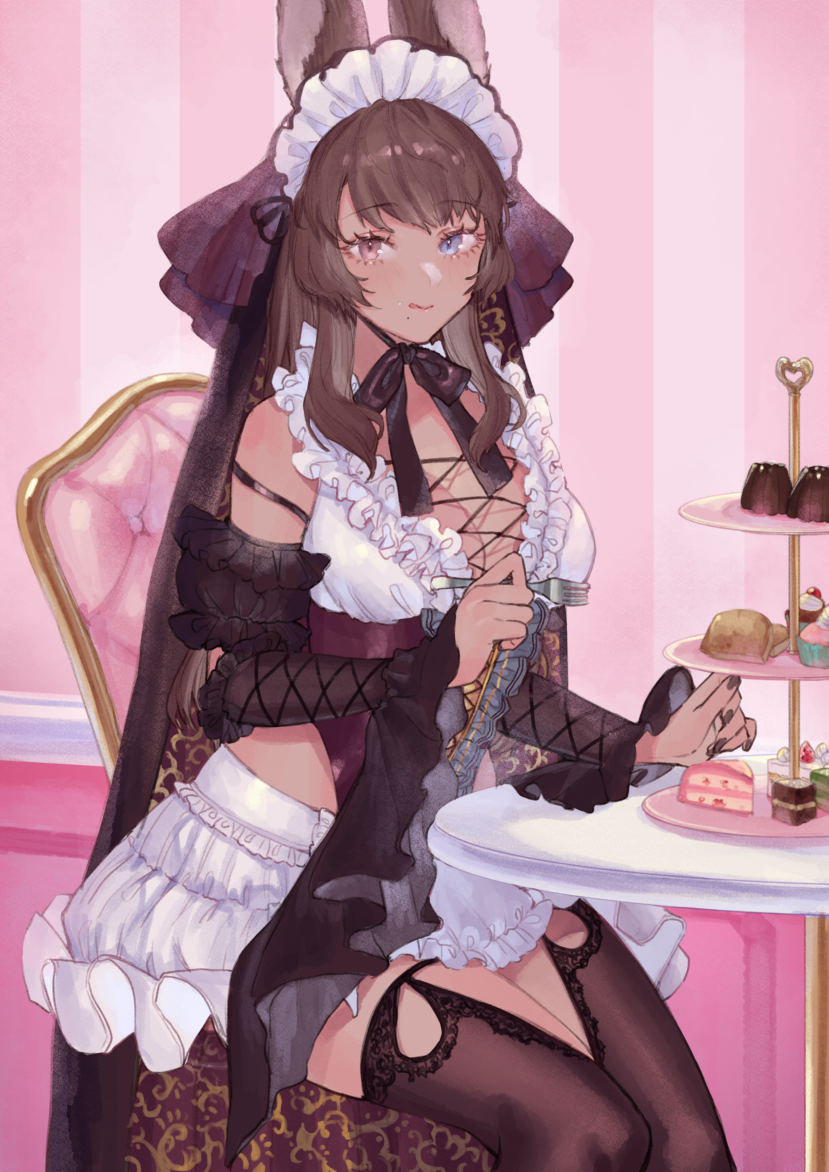 Anime 2894x4093 Final Fantasy animal ears dark skin anime girls maid maid outfit cake sweets stockings heterochromia