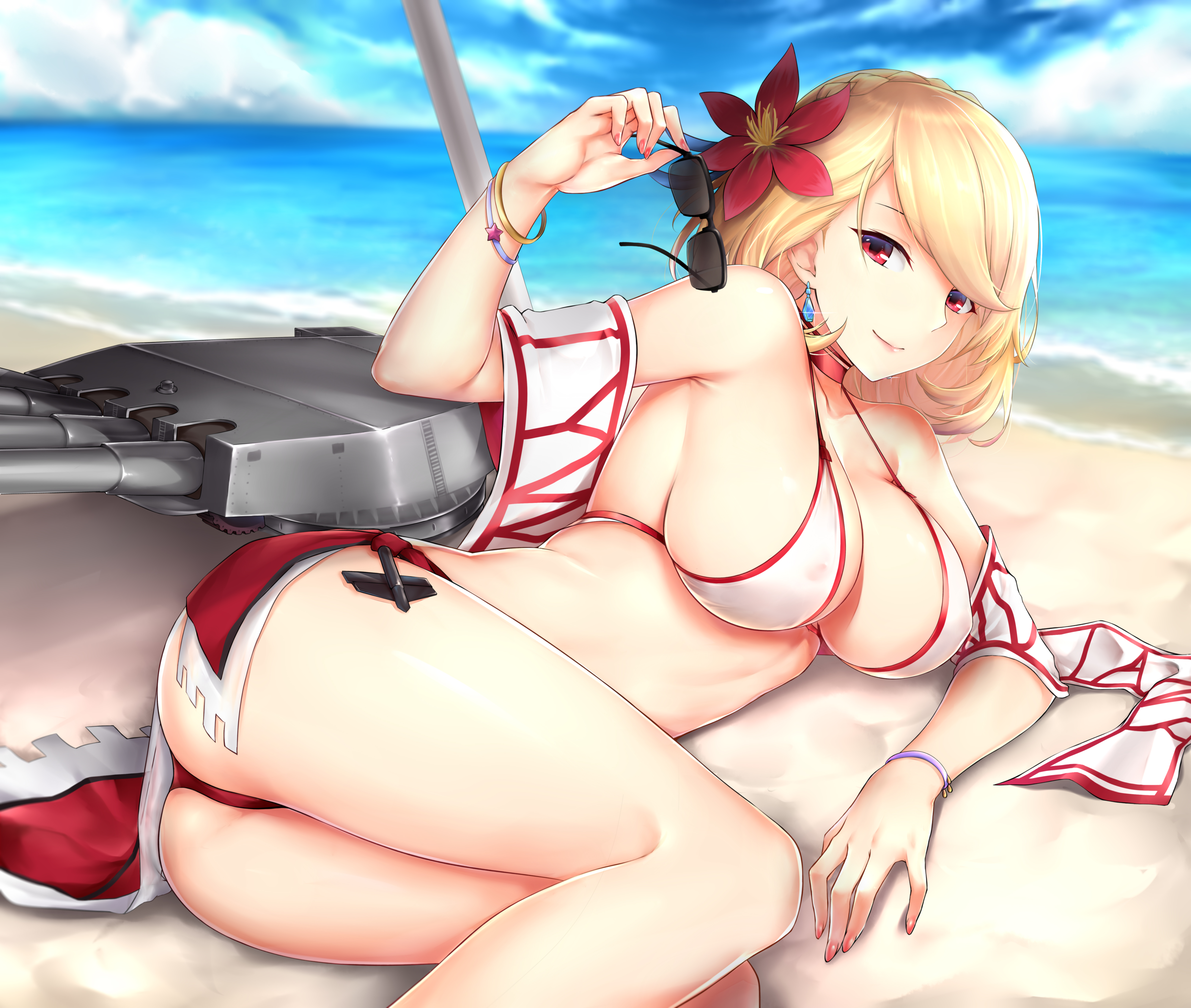 Anime 6500x5500 anime anime girls Rei Kun big boobs ass bikini sky clouds blonde red eyes sand flower in hair sunglasses looking back looking at viewer