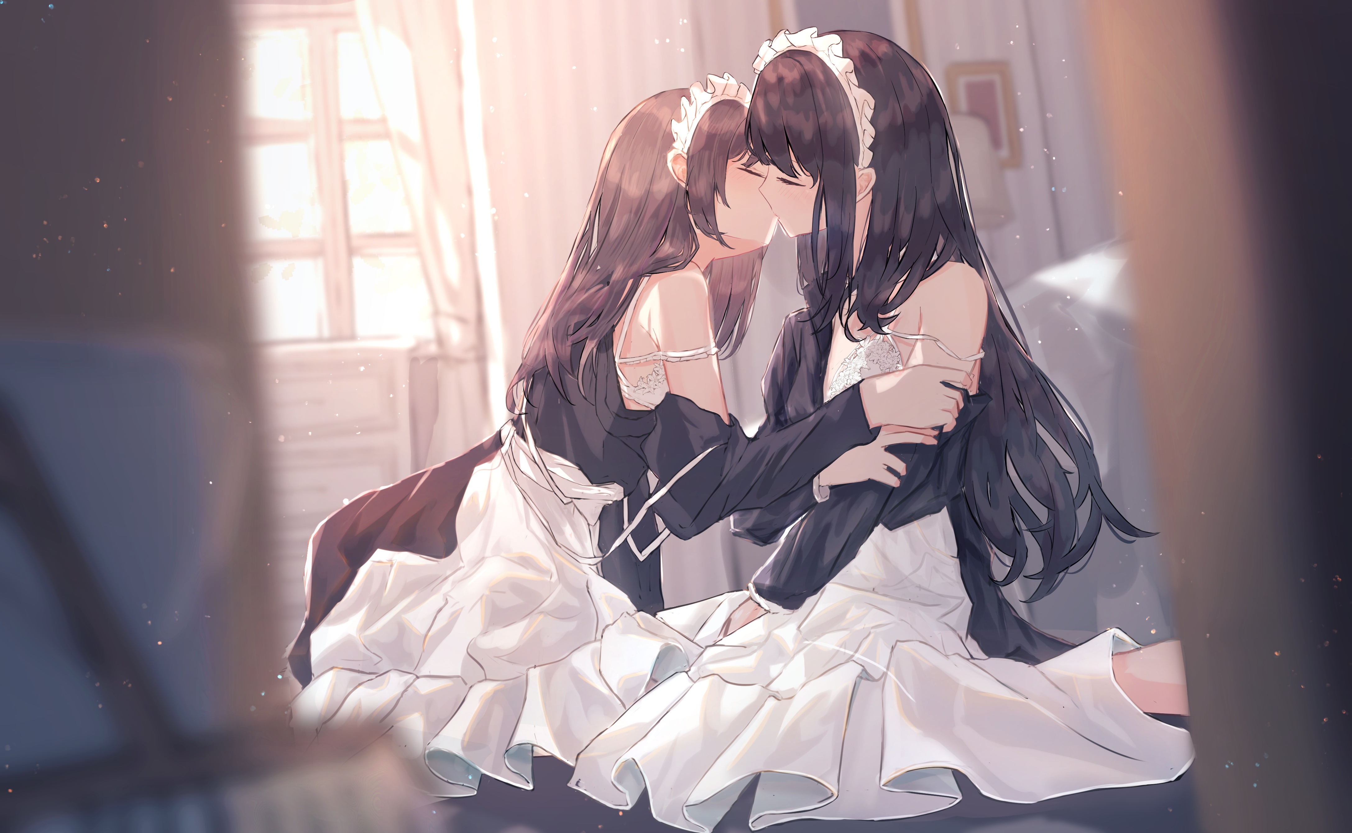 Anime 4350x2680 anime anime girls kissing yuri lesbians closed eyes two women maid