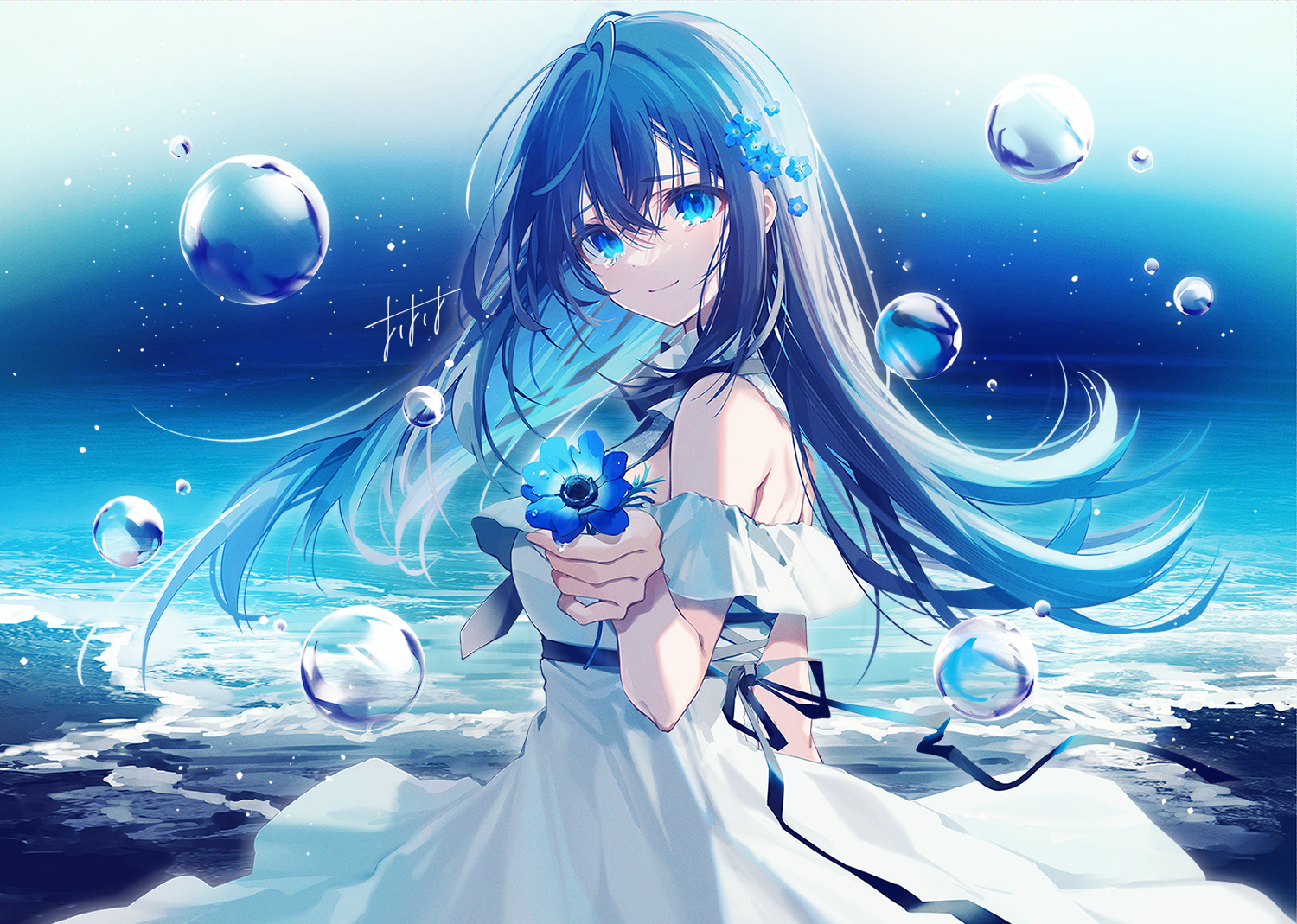 Anime 1500x1069 anime anime girls blue hair blue eyes Water Enchantress of the Temple bubbles flowers dress water