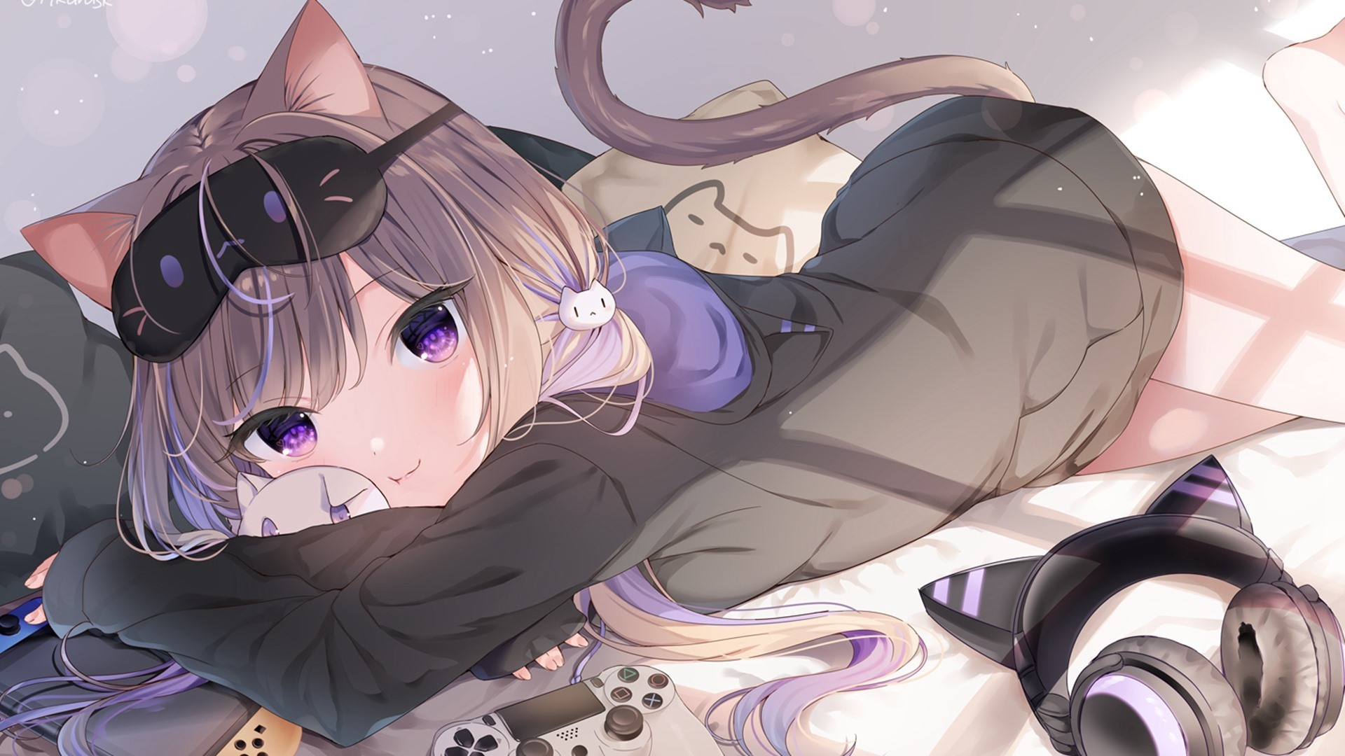 Anime 1920x1080 anime girls anime cat girl cat ears cat tail purple eyes lying on front headphones PlayStation 4 Nintendo Switch controllers
