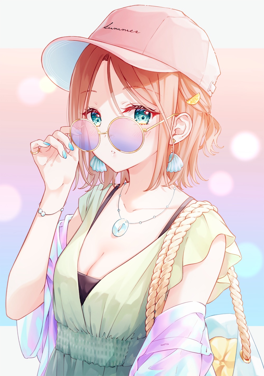 Anime 1000x1427 anime anime girls digital art artwork Pixiv portrait portrait display looking at viewer blue eyes glasses painted nails cleavage hat blonde