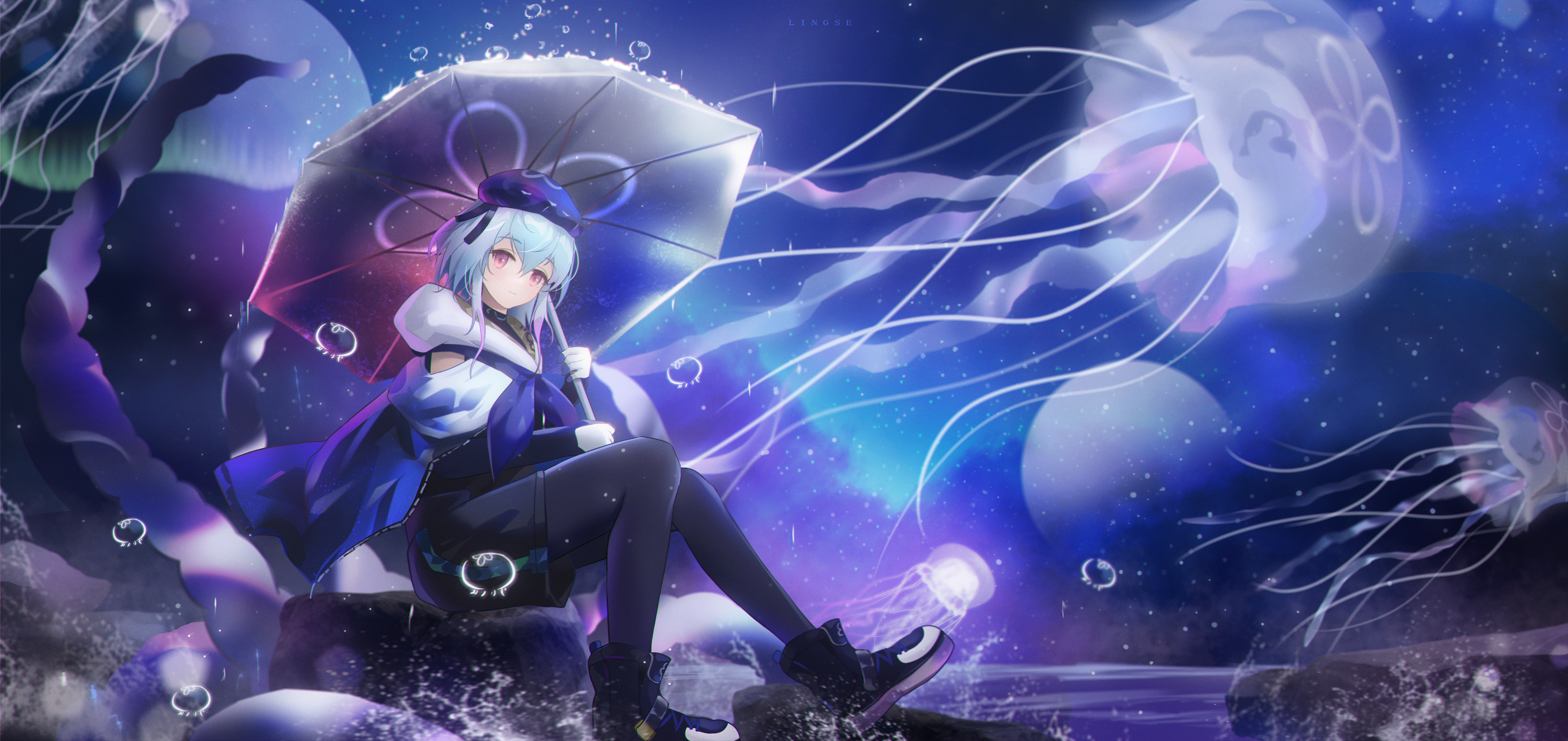 Anime 5500x2600 anime artwork umbrella jellyfish stars Mizuki (Arknights)