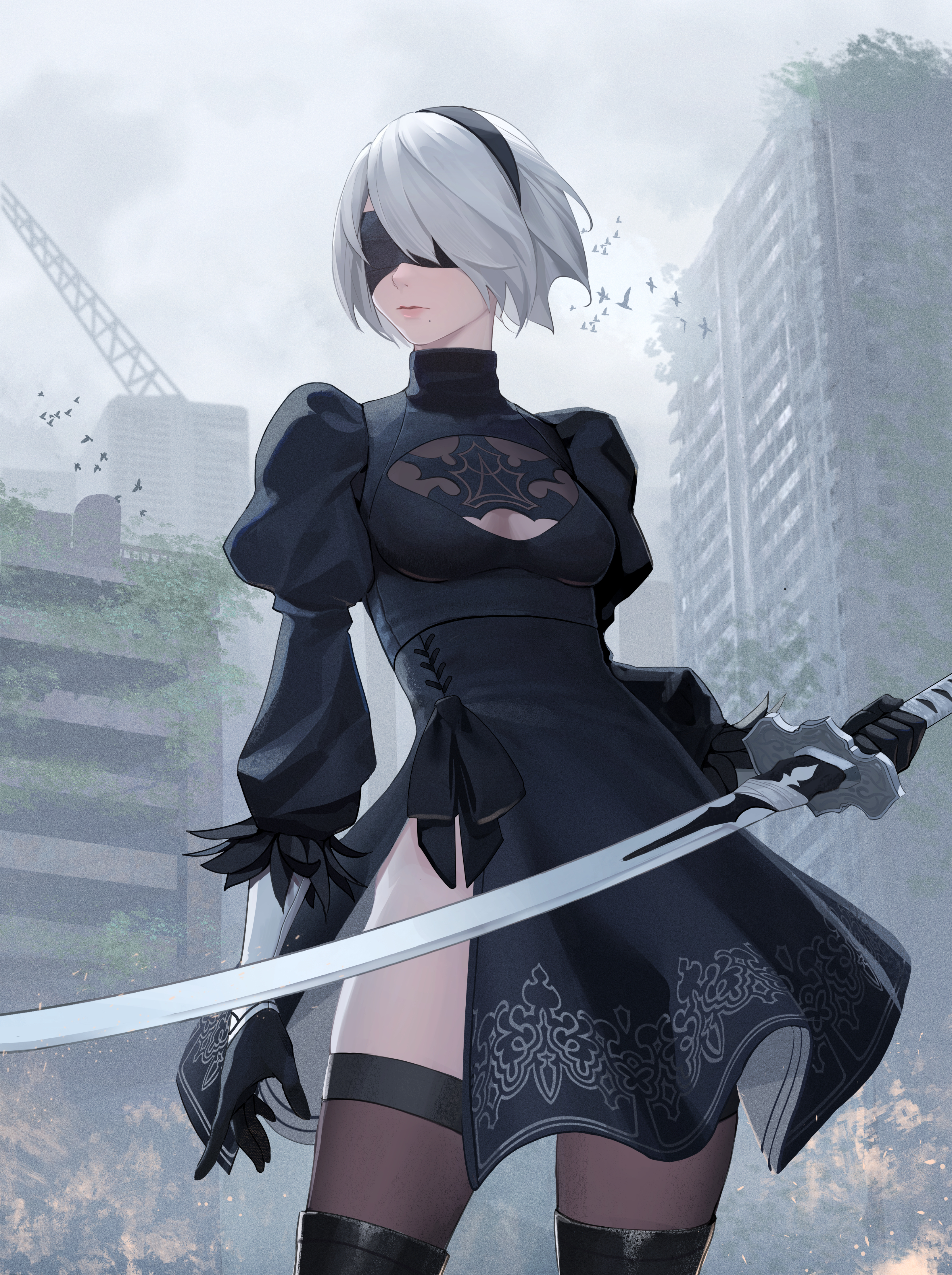 Anime 3312x4434 Nier: Automata blindfold thigh-highs video games video game girls anime girls sword white hair