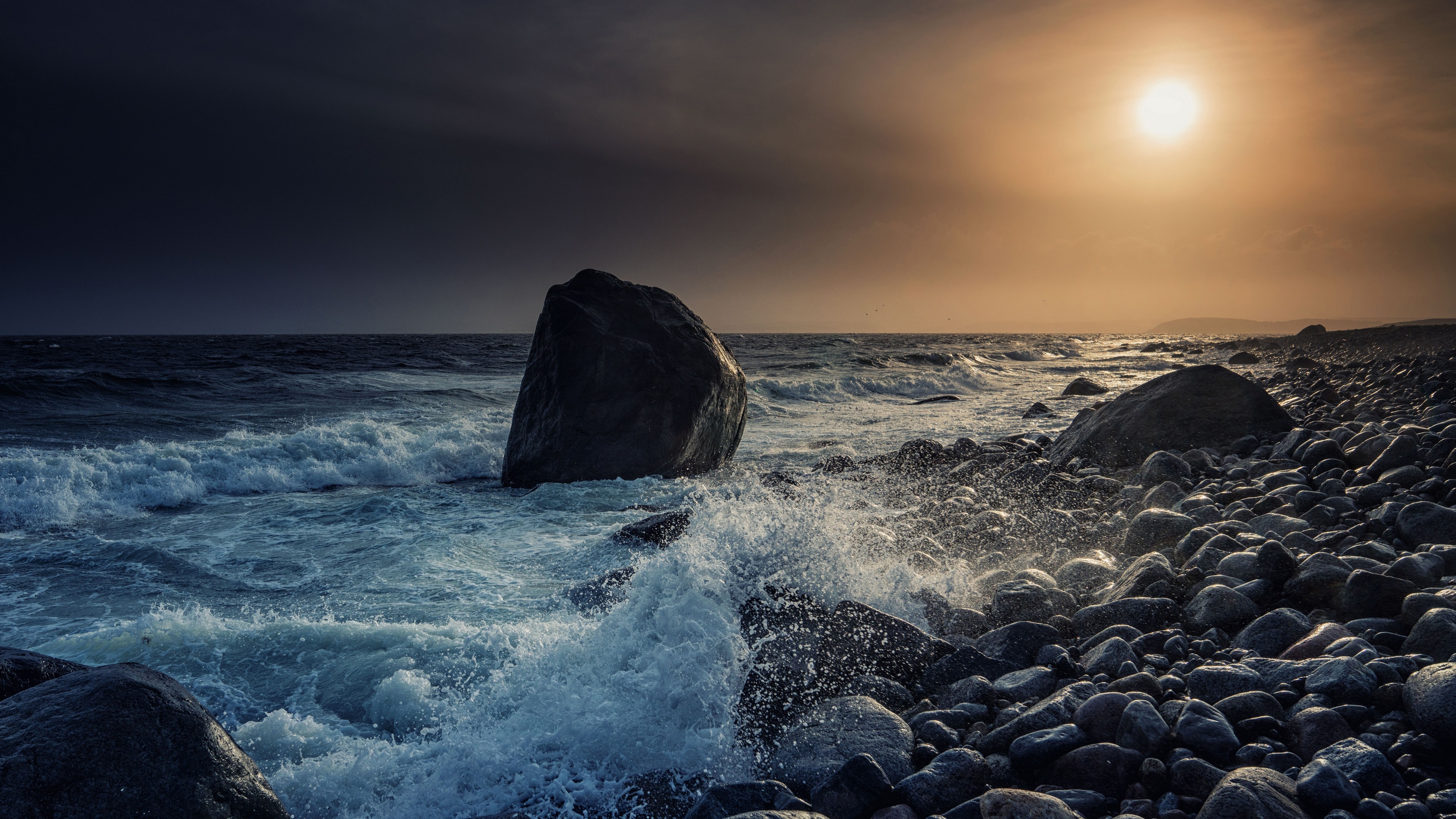 General 3840x2160 Norway nature sea coast waves storm stones rocks sky clouds sunset water