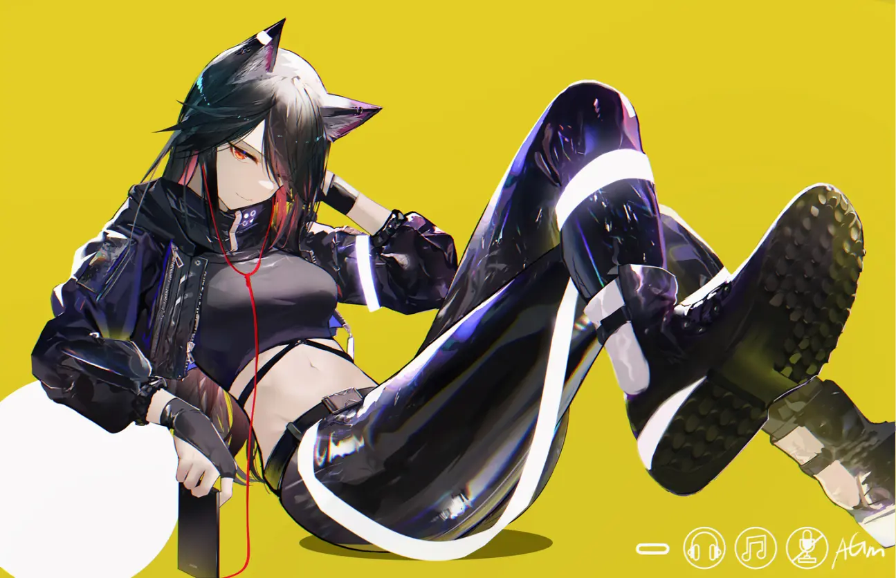 Anime 1295x836 Arknights Texas (Arknights) anime looking at viewer anime girls wolf girls simple background belly yellow background shoes long hair shoe sole minimalism legs crossed bare midriff headphones