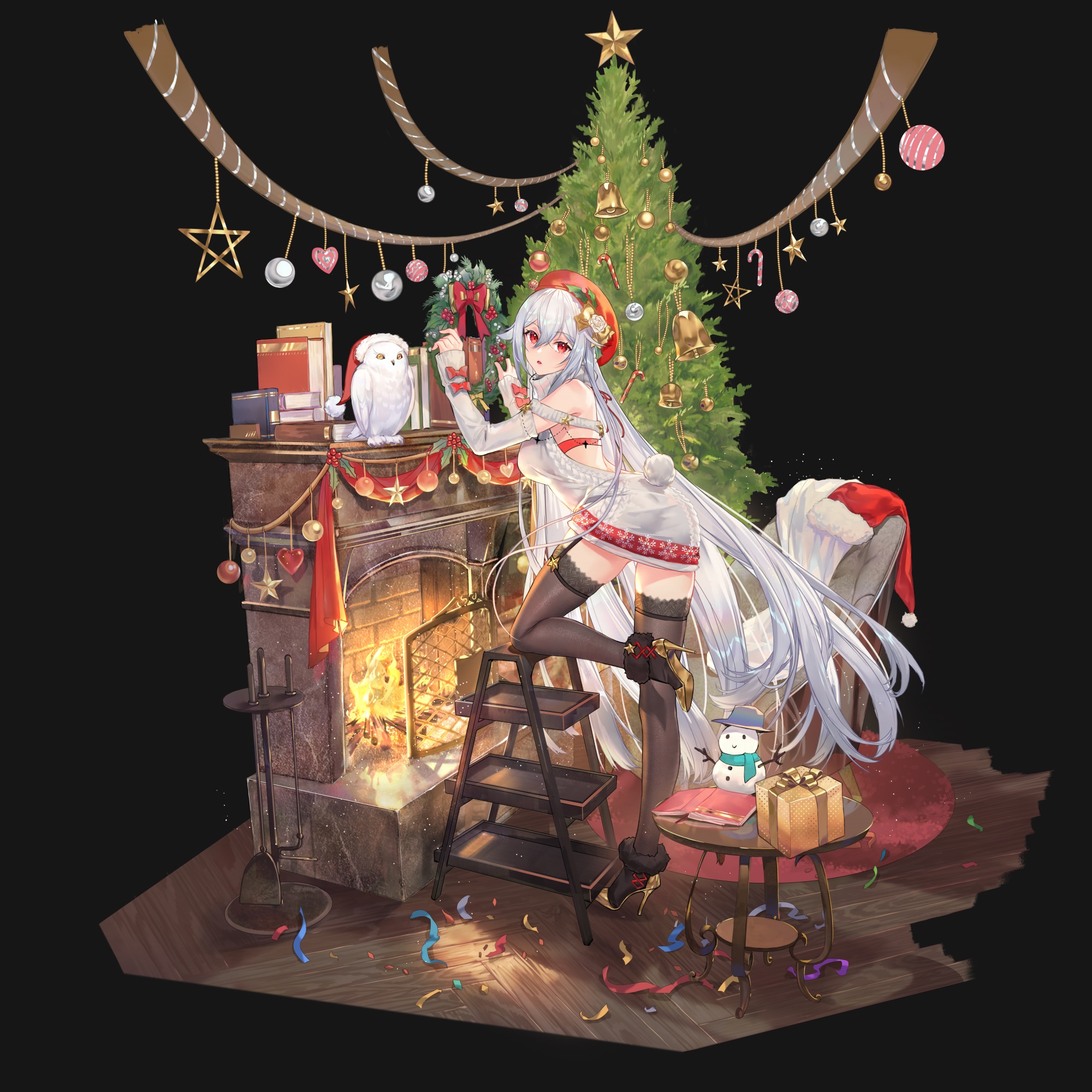 Anime 2000x2000 anime anime girls Christmas tree Christmas presents stockings red eyes blue hair bunny tail garter belt