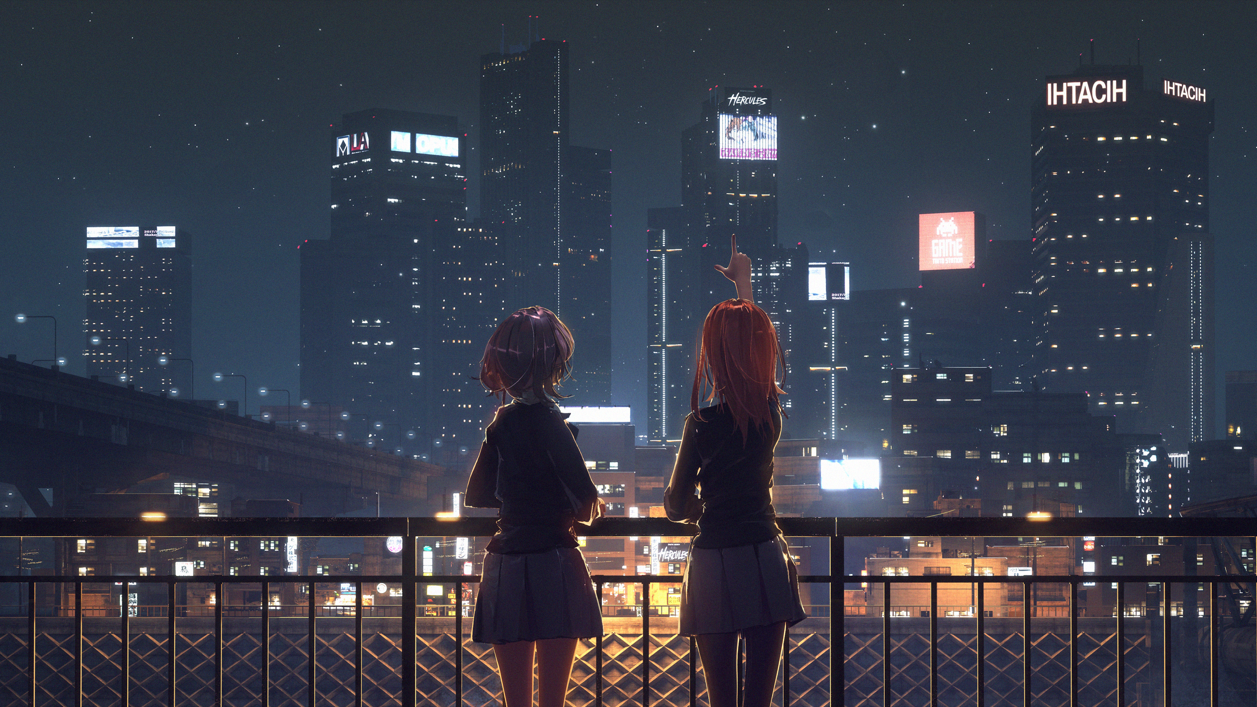 Anime 2560x1440 Love Live! Tang Keke Shibuya Kanon cityscape anime girls city lights lights city