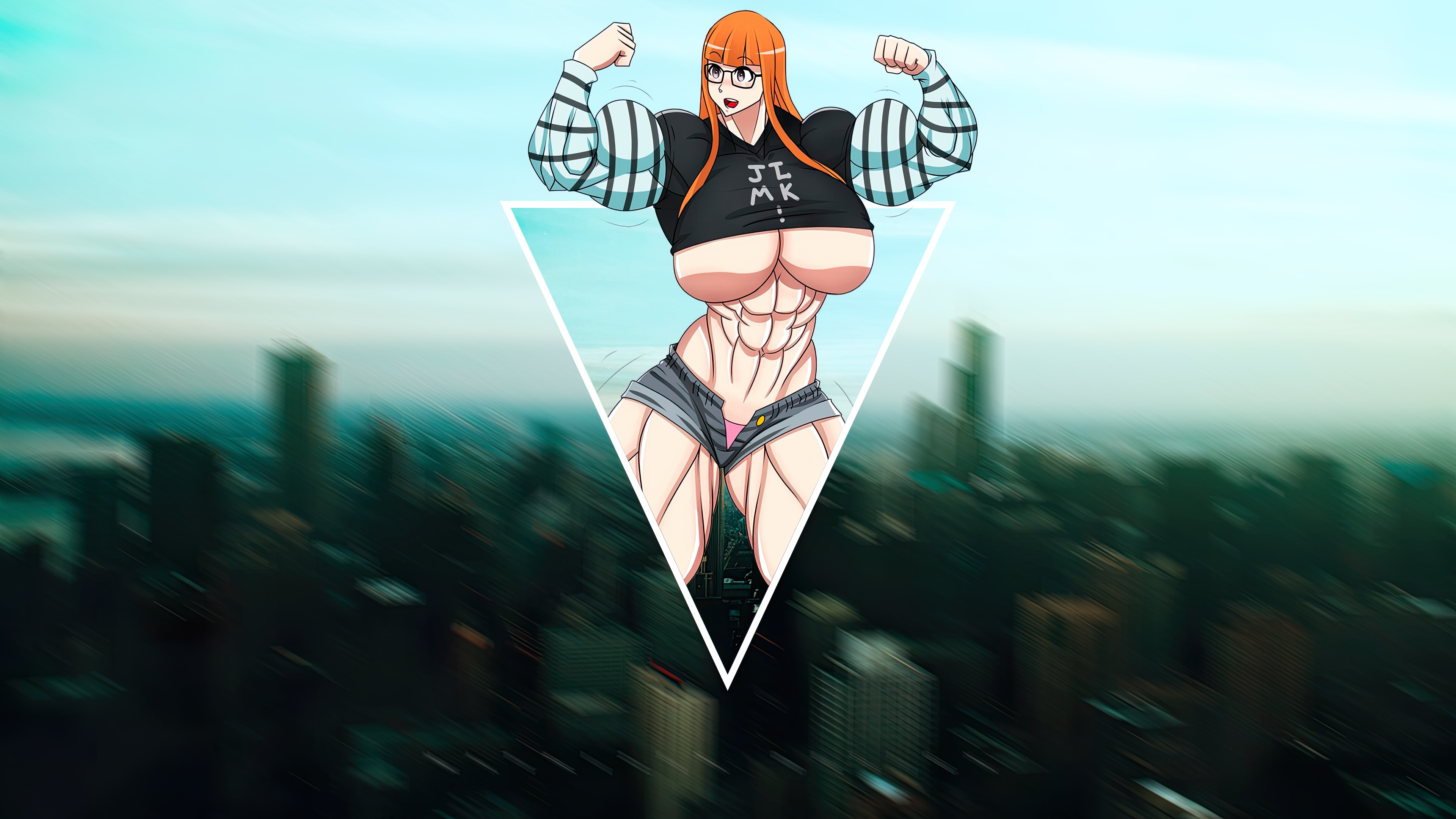 Anime 3840x2160 picture-in-picture muscular muscles strong woman toned female 6-pack abs biceps anime girls underboob big boobs Futaba Sojiro Persona 5