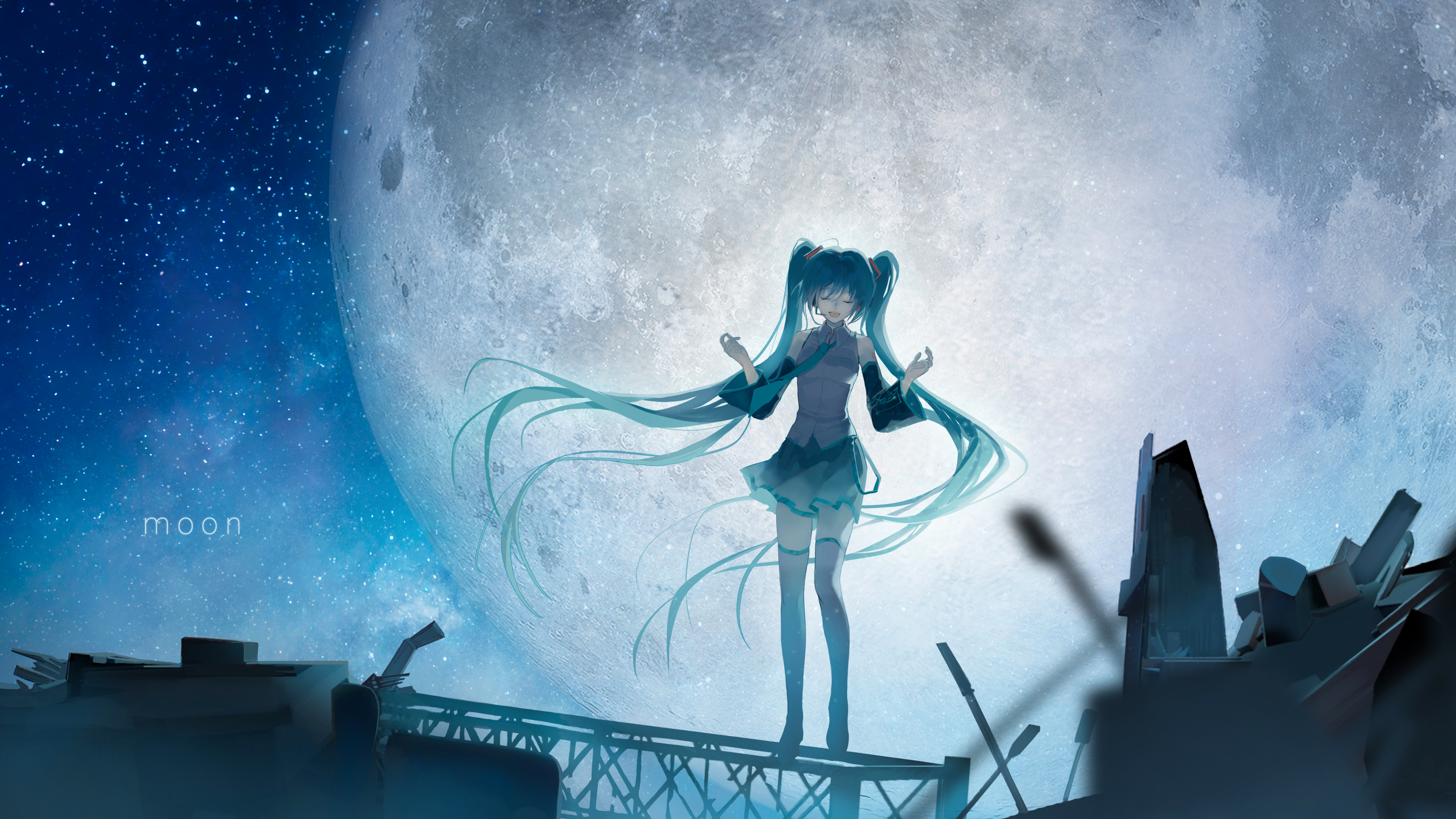 Anime 3840x2160 Hatsune Miku Vocaloid Moon night twintails blue hair thigh high boots anime girls closed eyes
