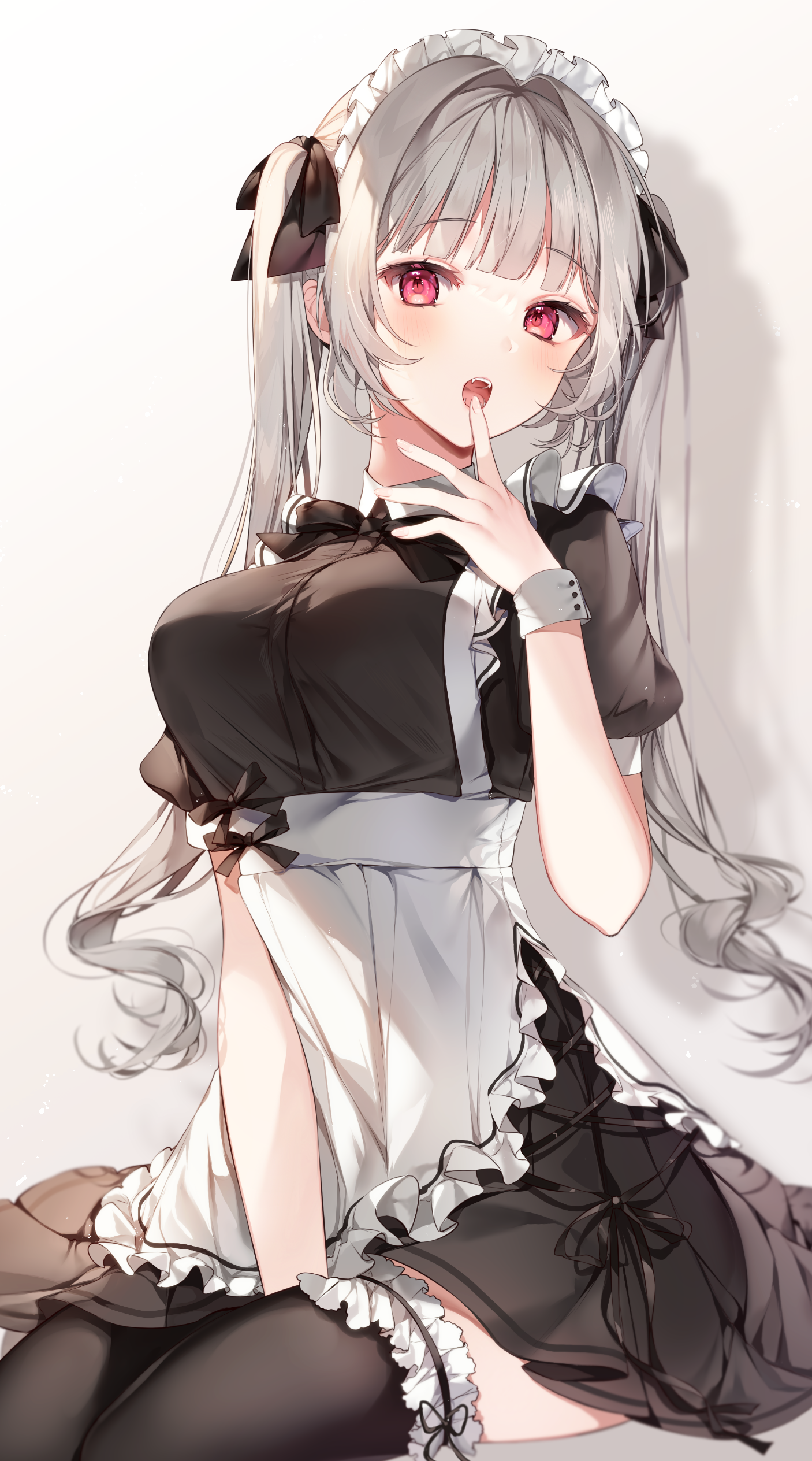 Anime 1406x2528 anime anime girls maid maid outfit red eyes twintails silver hair stockings