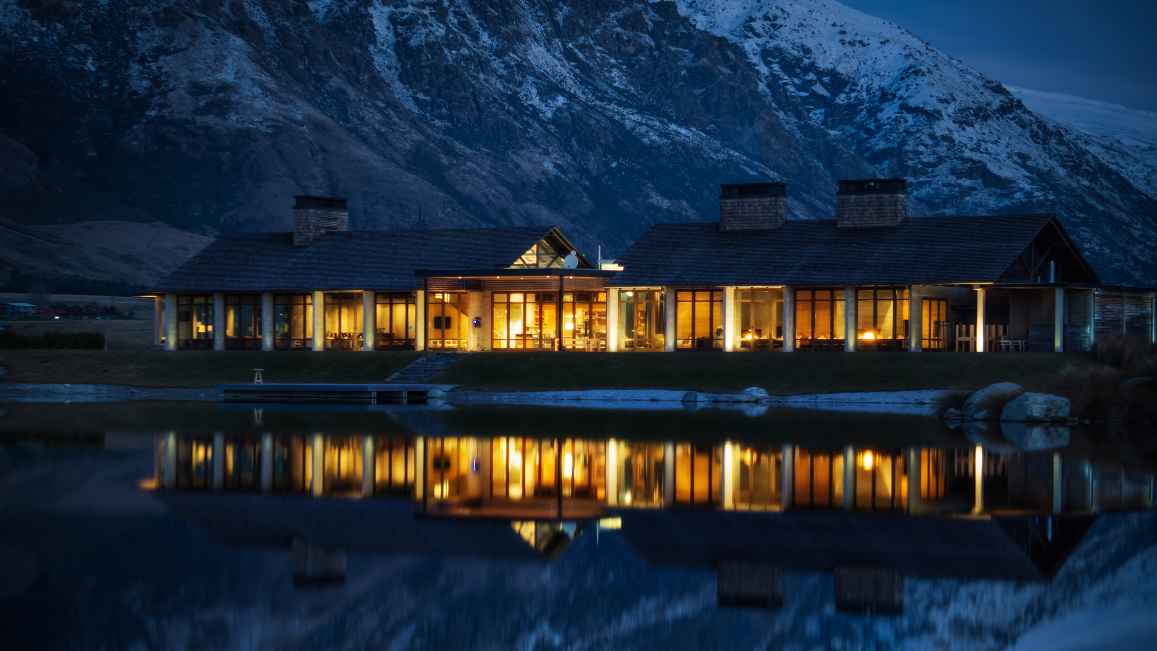 General 3840x2160 landscape 4K Queenstown New Zealand reflection water mountains snow house night lights