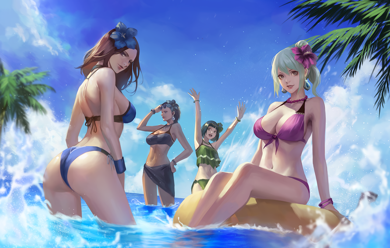 Anime 1280x814 anime girls anime ass bikini water standing in water big boobs flower in hair sky floater flowers palm trees hibiscus group of women sideboob women quartet arms up looking sideways clouds Monster Hunter