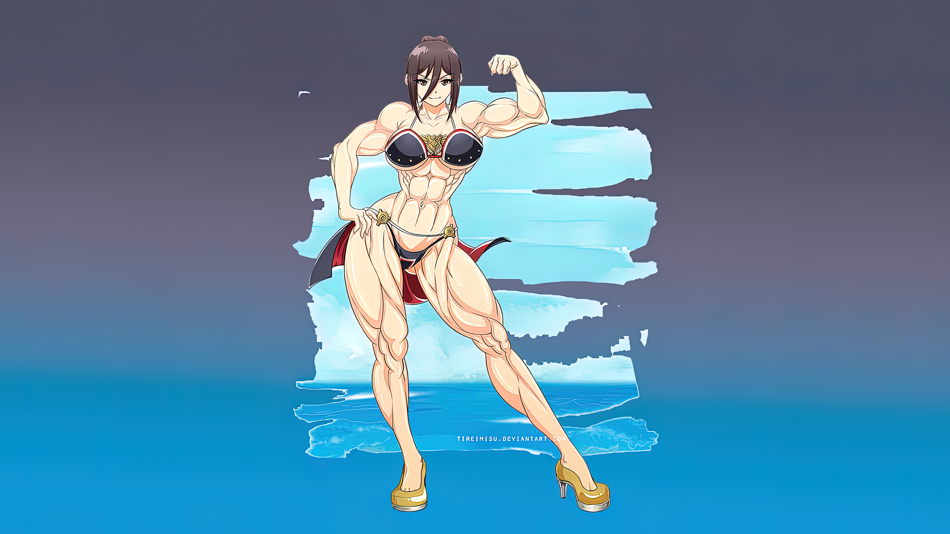Anime 3840x2160 muscles muscular anime girls toned female artwork strong woman simple background swimwear