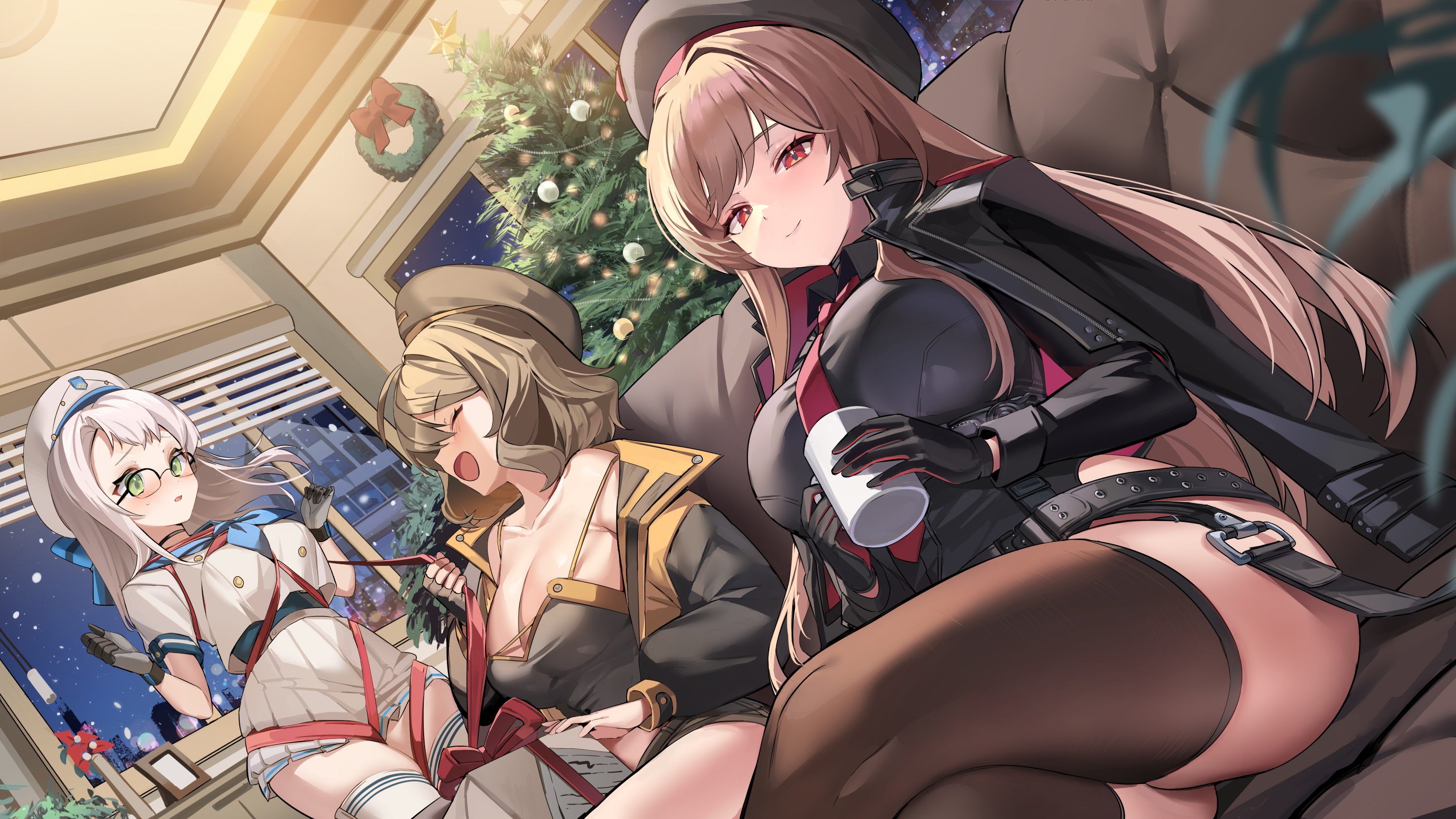 Anime 3000x1688 anime anime girls Nikke: The Goddess of Victory Rapi (Nikke: The Goddess of Victory) Anis (Nikke: The Goddess of Victory) Neon (Nikke: The Goddess of Victory) legs crossed stockings gloves glasses cleavage big boobs closed eyes Christmas Christmas tree hat Christmas ornaments  looking at viewer couch women group of women Pixiv