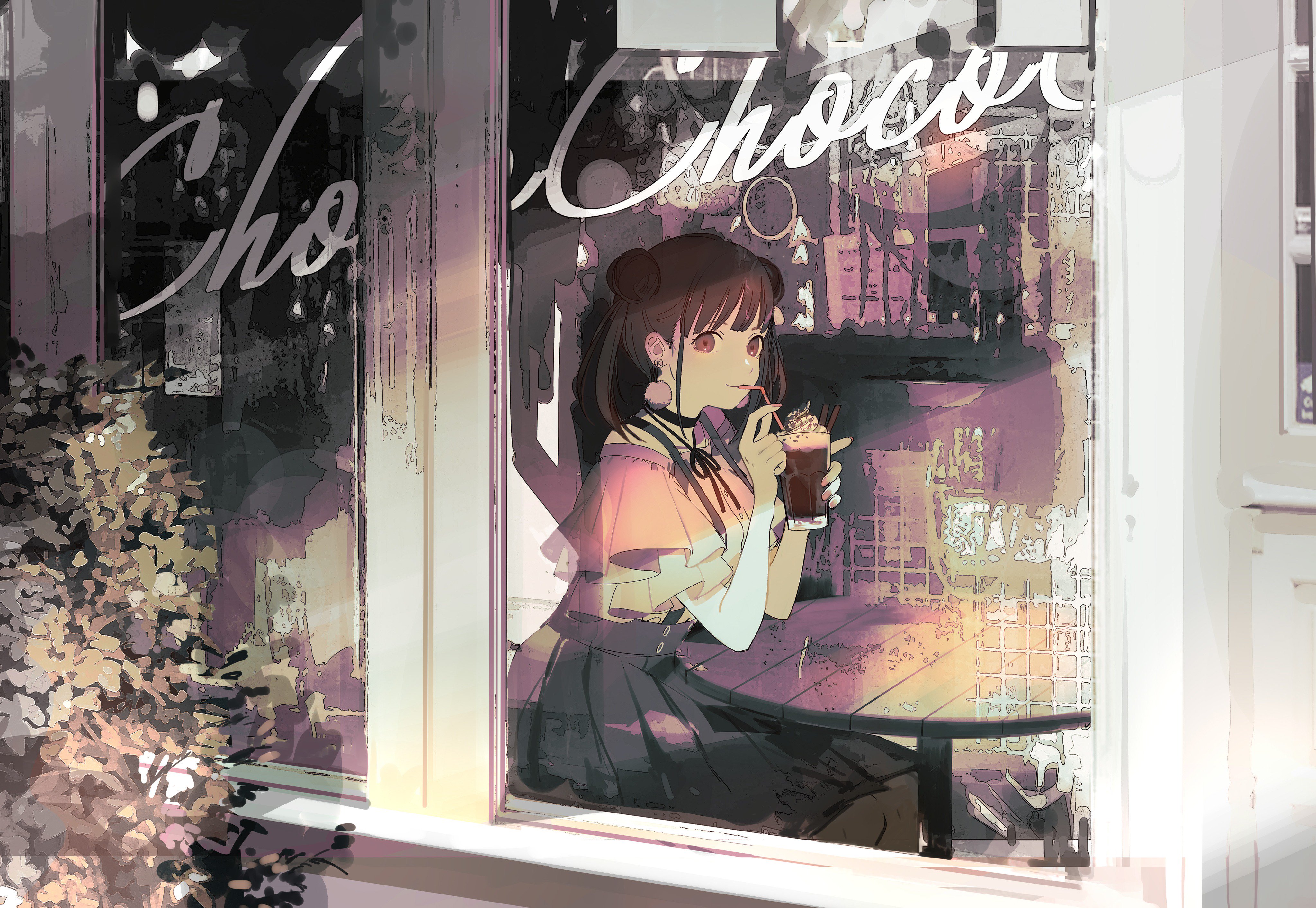 Anime 4095x2824 window screening anime girls window drink table hairbun