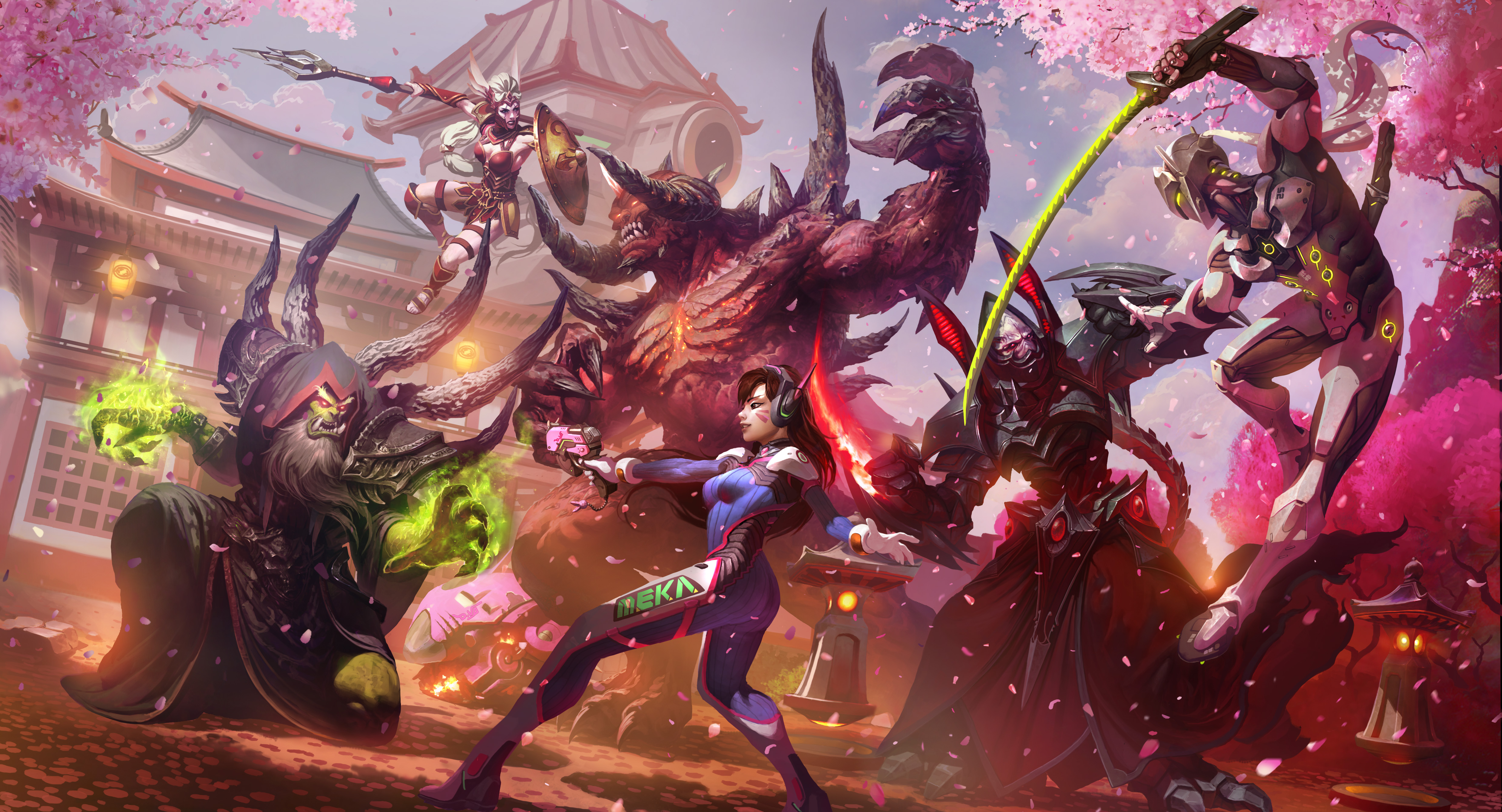 General 4960x2682 Heroes of the Storm Hanamura (Overwatch) Gul'dan Diablo D.Va (Overwatch) Genji (Overwatch) StarCraft Warcraft cherry blossom video games crossover video game art video game characters gun girls with guns bodysuit petals