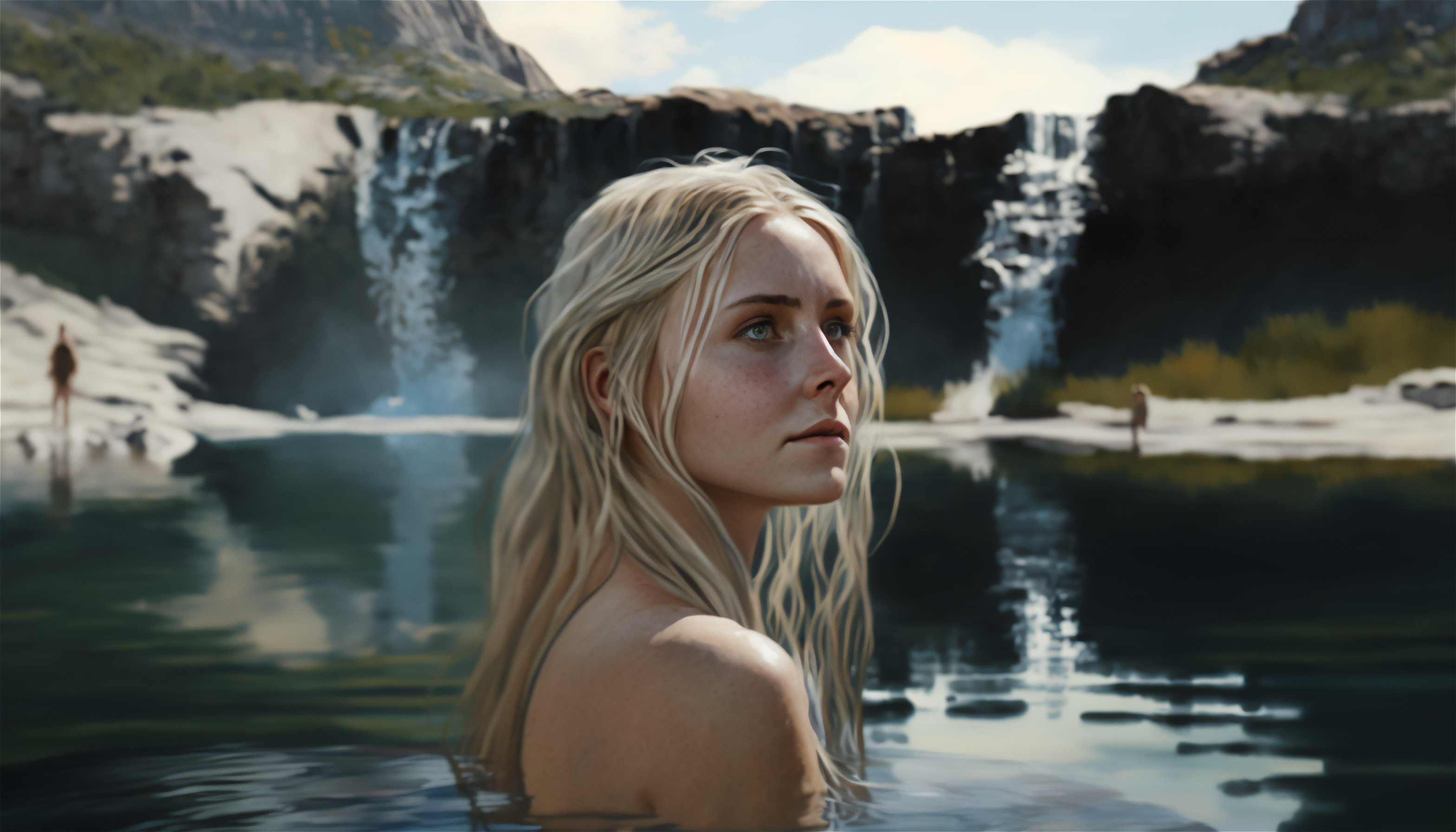 General 3136x1792 AI art women waterfall bathing blonde in water water