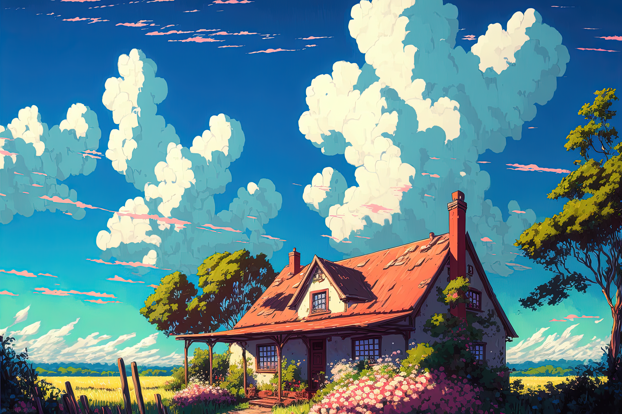 General 2000x1333 Uomi AI art artwork sky house clouds trees flowers