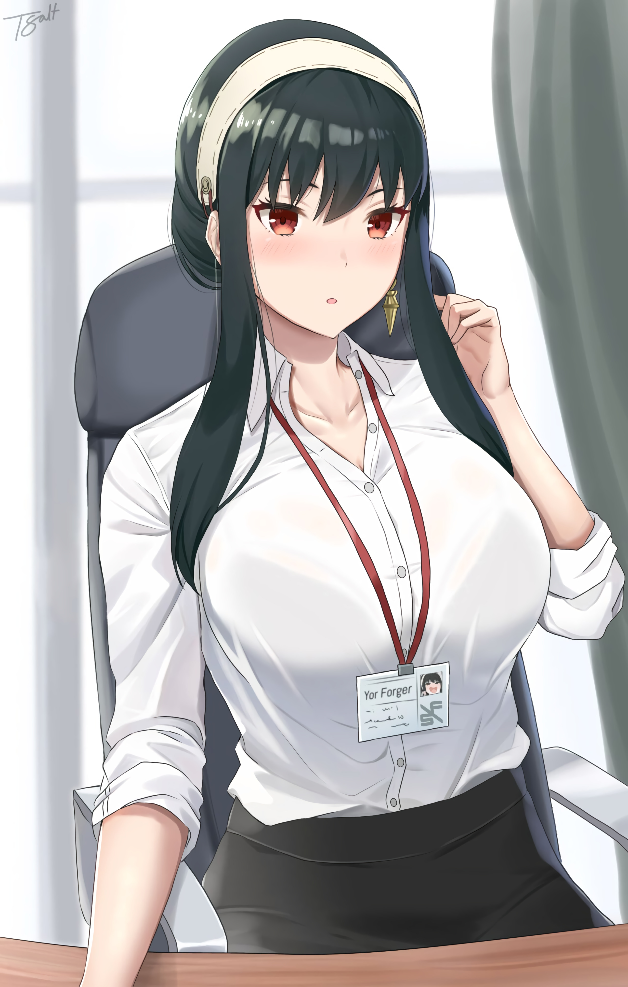 Anime 2560x4018 anime anime girls Spy x Family Yor Forger portrait display red eyes black hair blushing see-through clothing bra TacticSalt looking at viewer signature ID card collarbone long hair armchair open mouth earring curtains desk