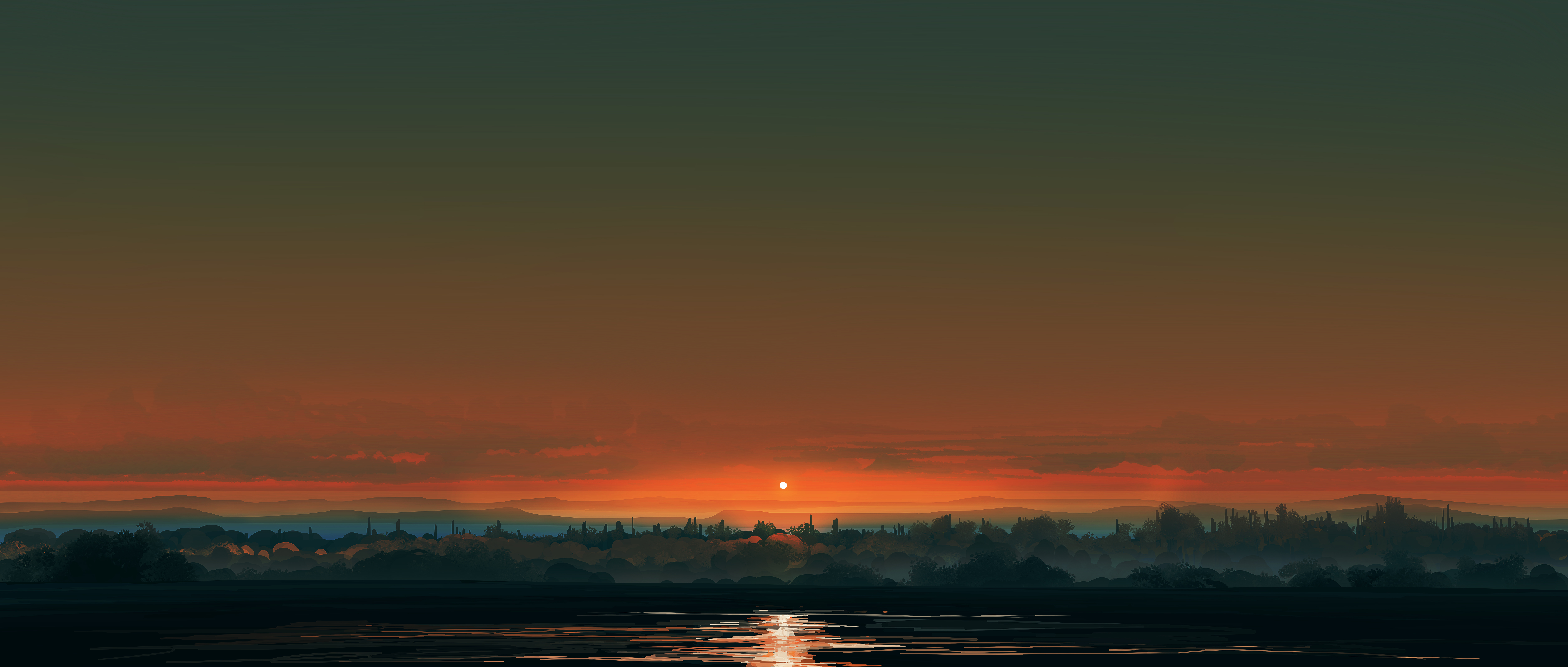 General 7520x3200 artwork illustration landscape nature sunset lake minimalism simple background