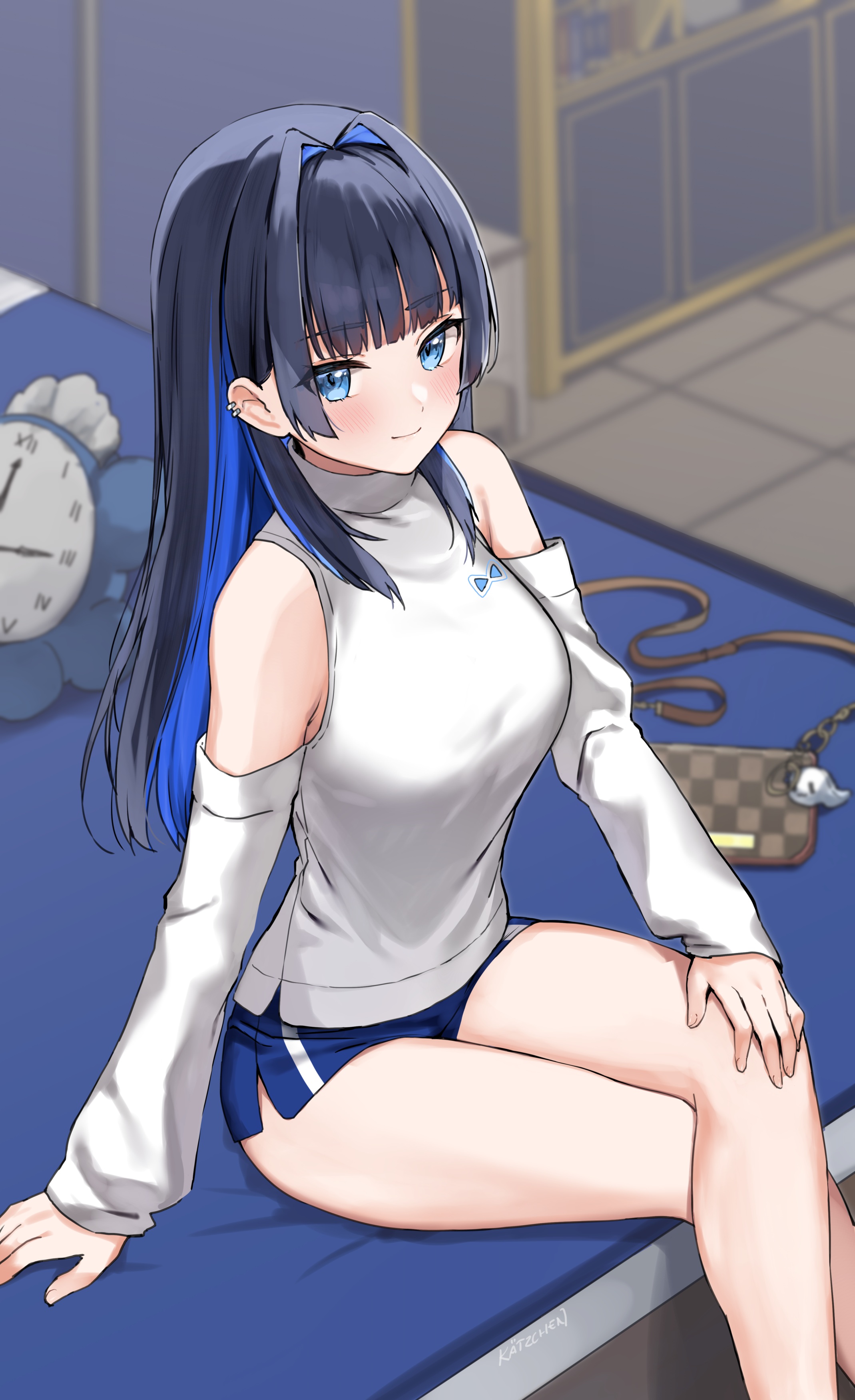 Anime 2139x3500 anime anime girls portrait display purse legs crossed thighs legs clocks smiling blushing two tone hair short shorts Ouro Kronii Hololive Virtual Youtuber