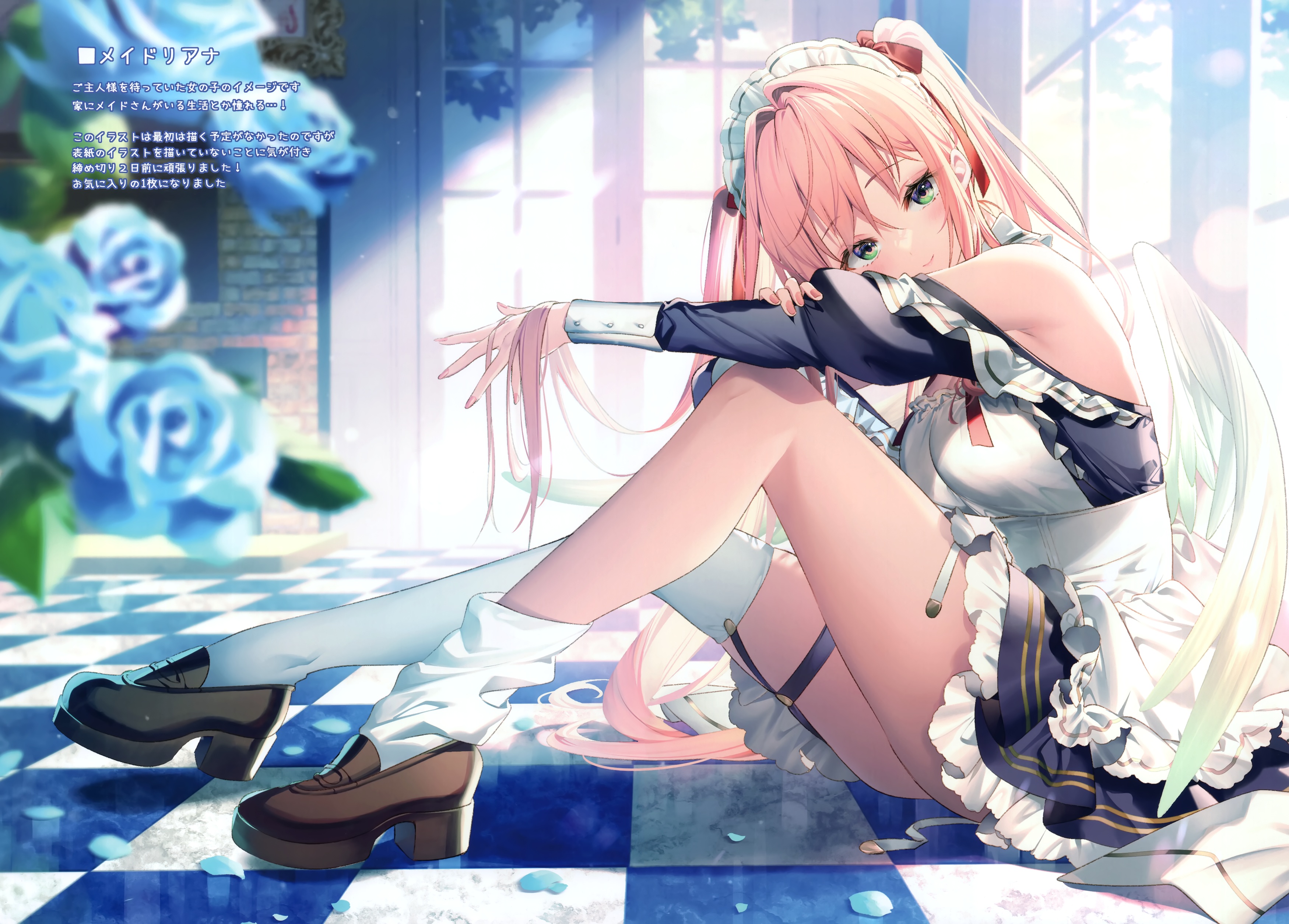 Anime 3500x2510 anime girls Riichu long hair pink hair Rianastia Flugel maid maid outfit hand(s) in hair looking at viewer flowers multi-colored eyes rose twintails angel wings wings white stockings garter belt thigh strap Japanese checkered smiling blushing petals shoes
