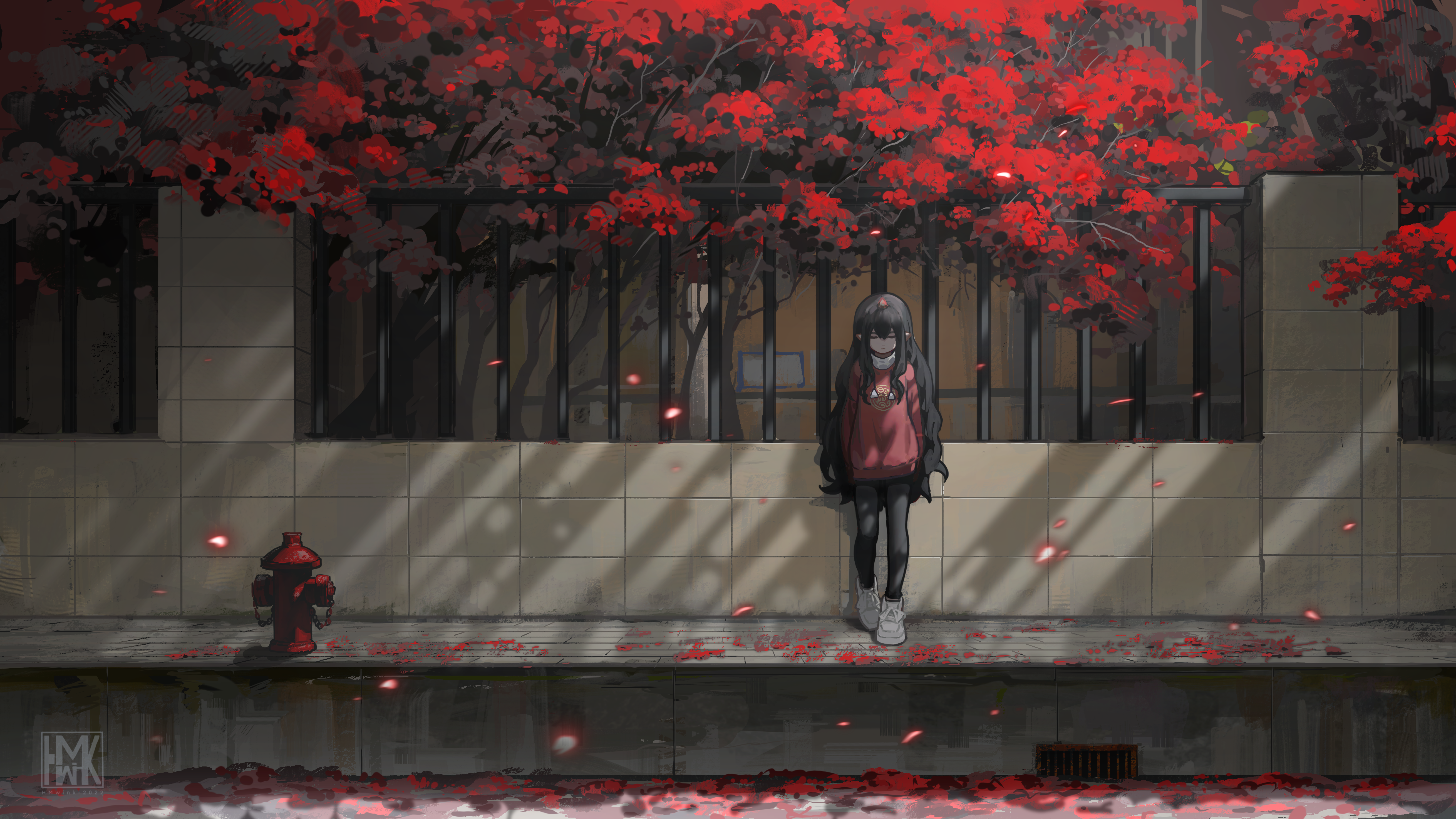 Anime 5237x2946 Hua Ming wink original characters illustration anime girls pointy ears trees bars Pixiv sitting fire hydrants petals
