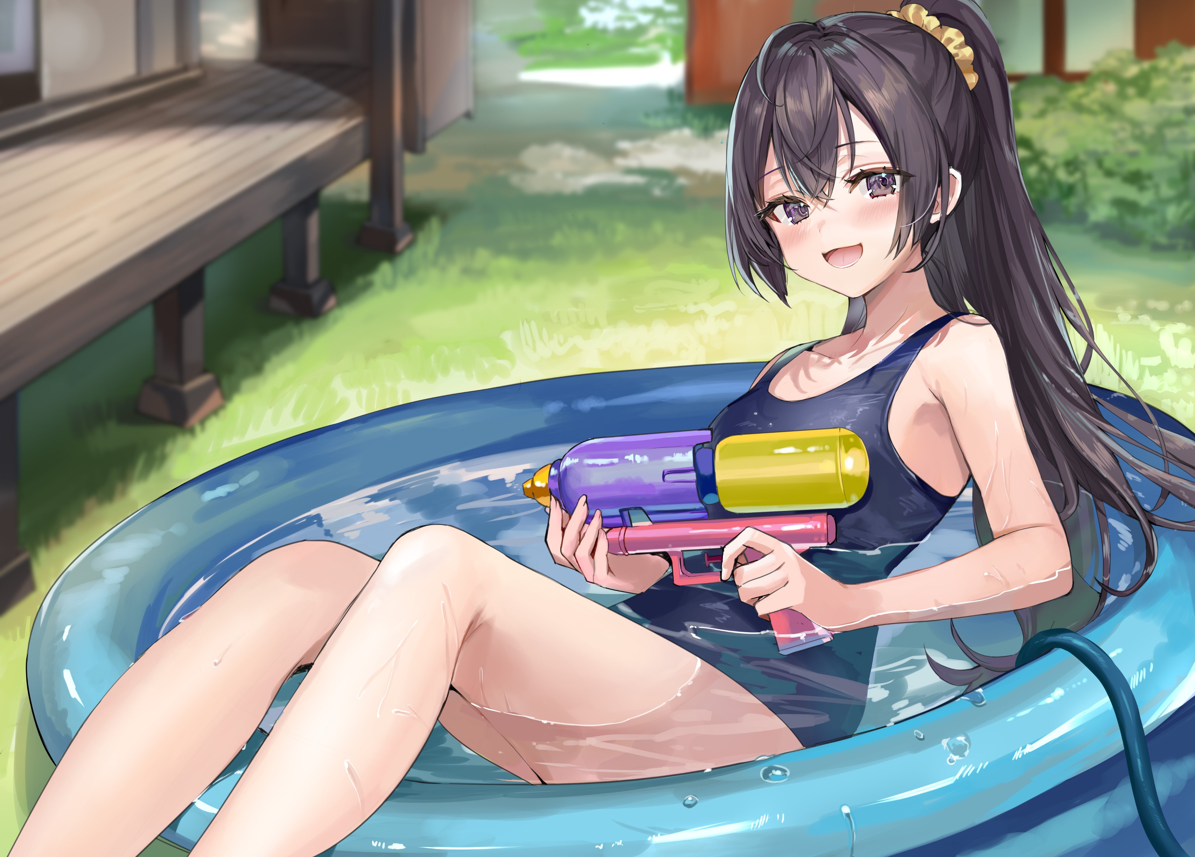 Anime 4096x2936 anime anime girls floater water guns water in water wet wet body swimwear one-piece swimsuit ponytail long hair grass blushing brunette brown eyes